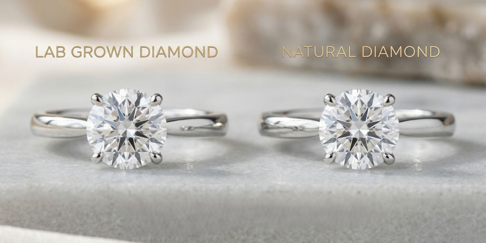 Side-by-side comparison of a lab-grown diamond ring and a natural diamond ring, both shown as round solitaire four-prong rings in polished white metal on a light gray display surface, with both diamonds appearing visually identical in brilliance and size.