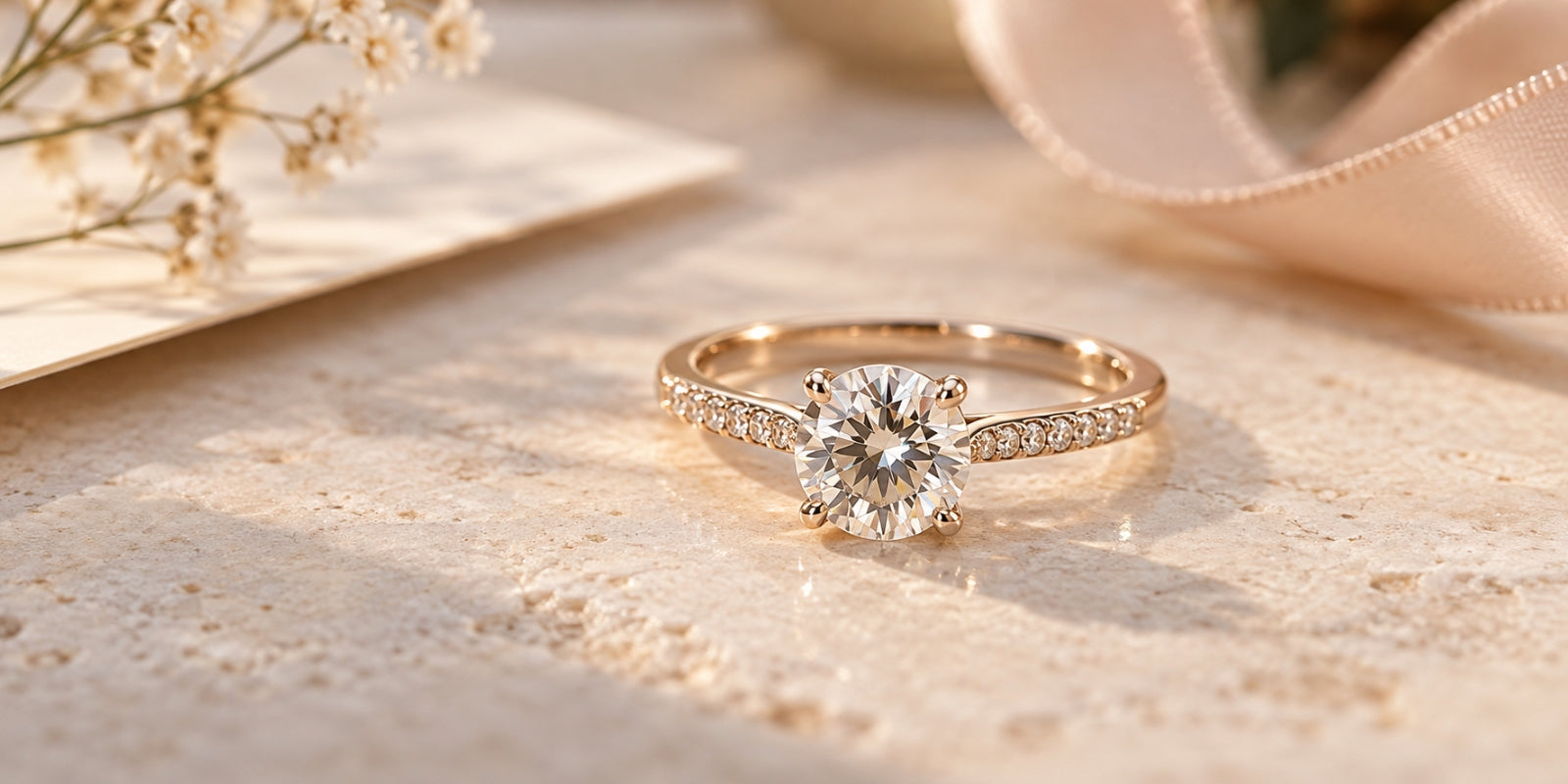 Elegant gold moissanite promise ring with pavé band displayed on a warm stone surface beside soft ribbon and delicate flowers.