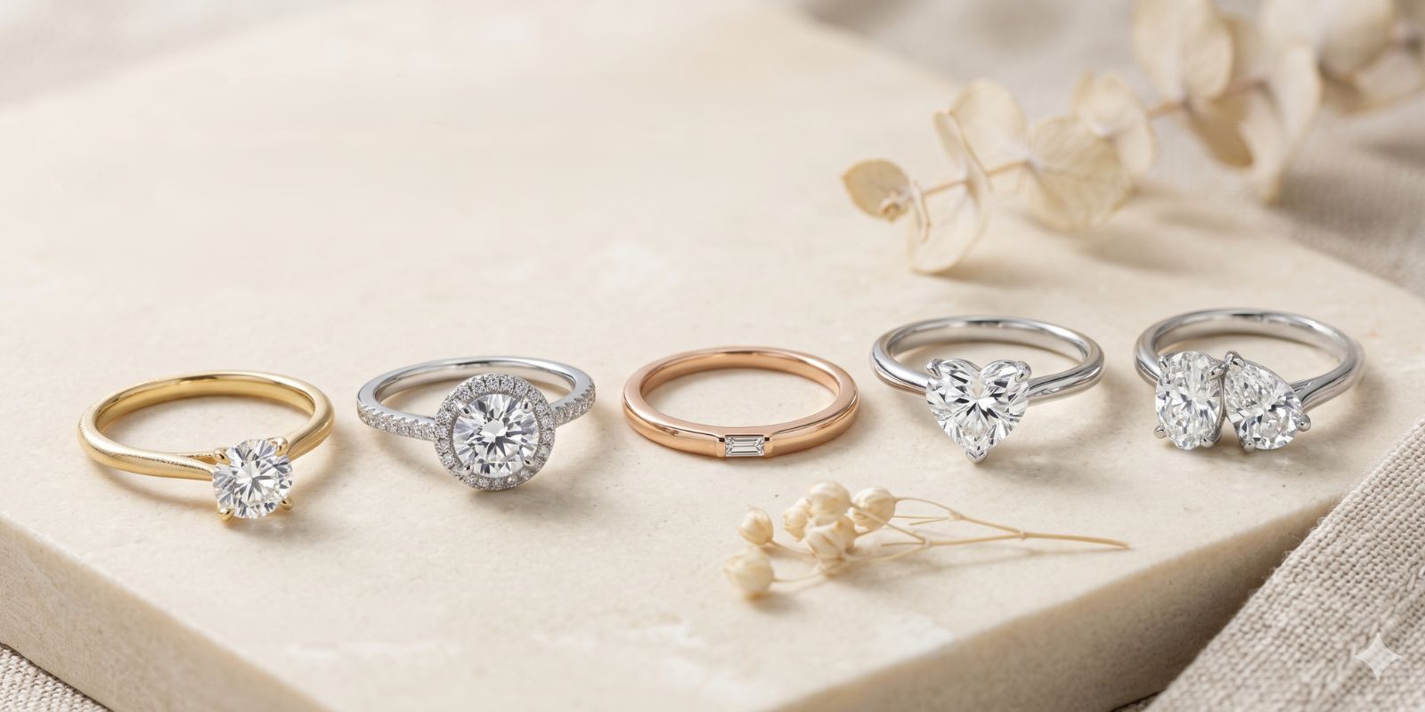 Editorial flat-lay of five lab diamond promise ring styles arranged on a neutral stone surface, including solitaire, halo, minimalist, heart-shaped, and two-stone designs.