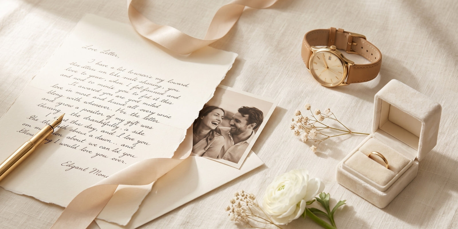First-anniversary gift scene with handwritten love letter, couple photo, wristwatch, ring box, ribbon and delicate white flowers.