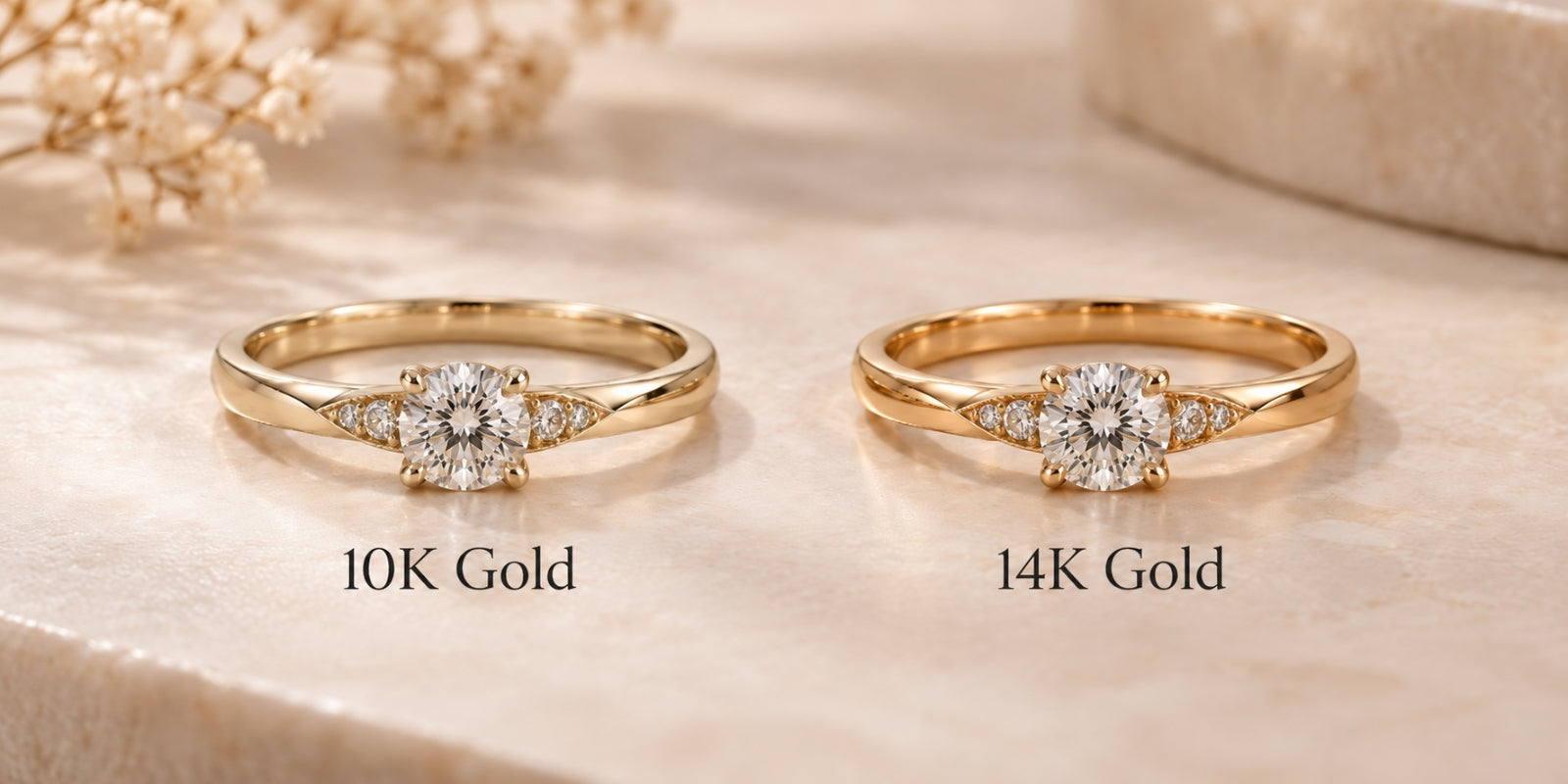 Matching diamond rings compare 10K and 14K gold side by side, showing a lighter 10K tone and warmer 14K tone.