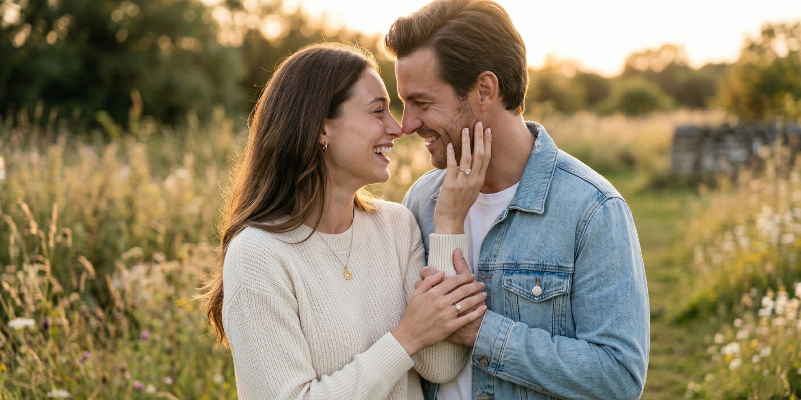 Romantic outdoor portrait of a couple smiling closely at sunset, with the woman touching the man’s cheek and displaying a diamond ring on her left hand in a warm field setting.