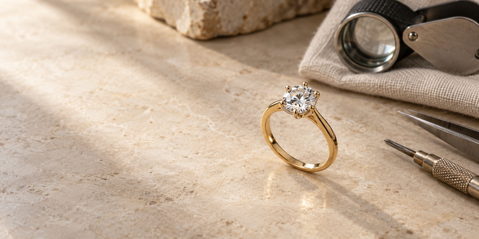 1. Yellow-gold diamond solitaire displayed with a jeweler’s loupe and precision tools on a warm stone work surface, representing informed jewelry sourcing.