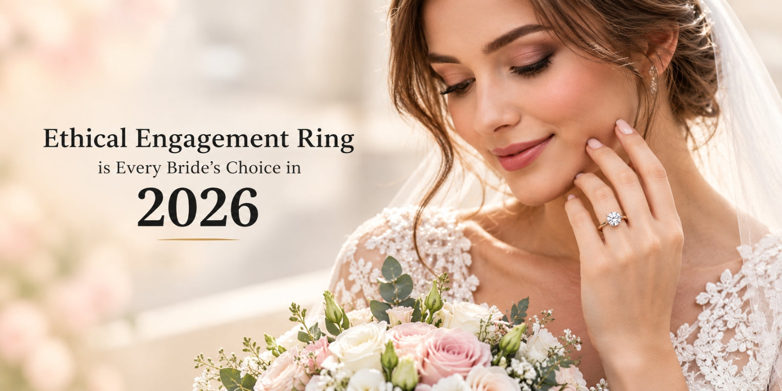 Bride in a lace wedding dress displaying a solitaire engagement ring beside the headline about ethical engagement rings in 2026.