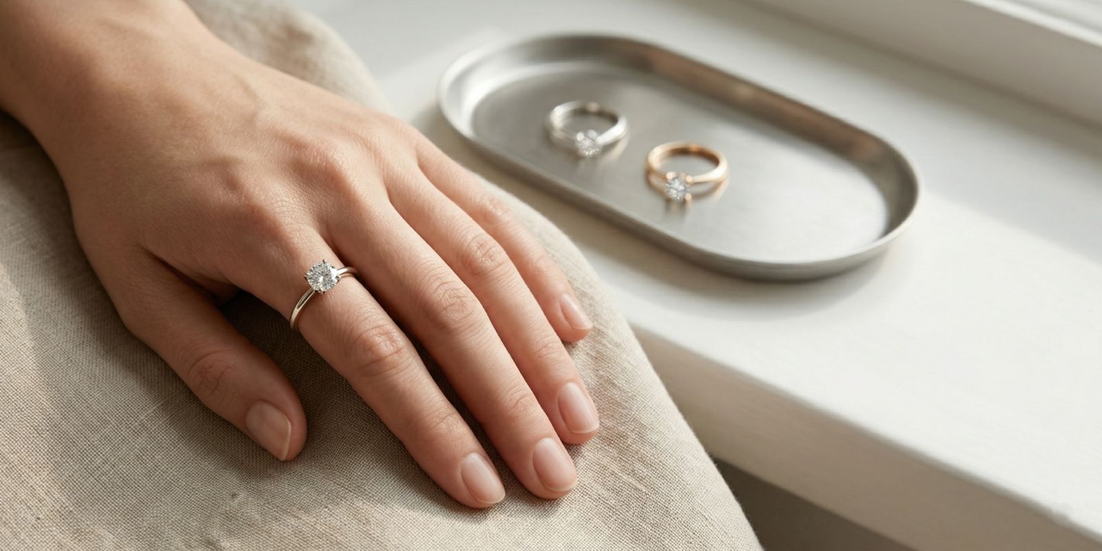 Hand wearing a lab-grown diamond promise ring beside a tray of alternative ring styles.