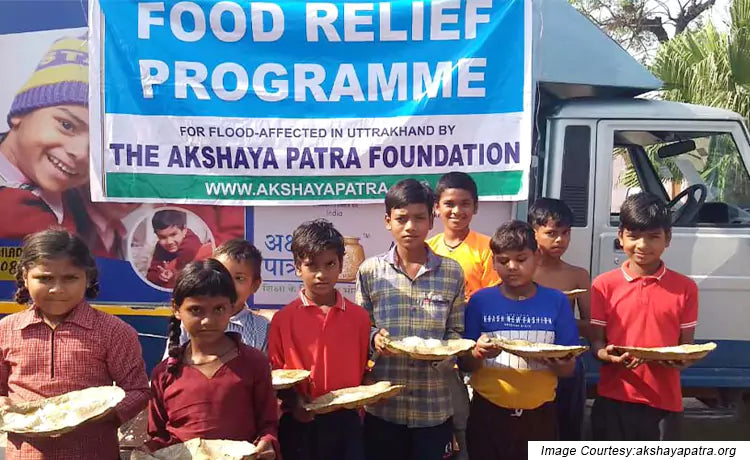 The Akshaya Patra Foundation's food relief program provides vital sustenance to flood-affected children in Uttarakhand. Every meal is a step towards recovery and a brighter future.
