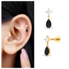 Pear Shape Black Onyx and Diamond Dangling Helix Earring AAA - Rosec Jewels