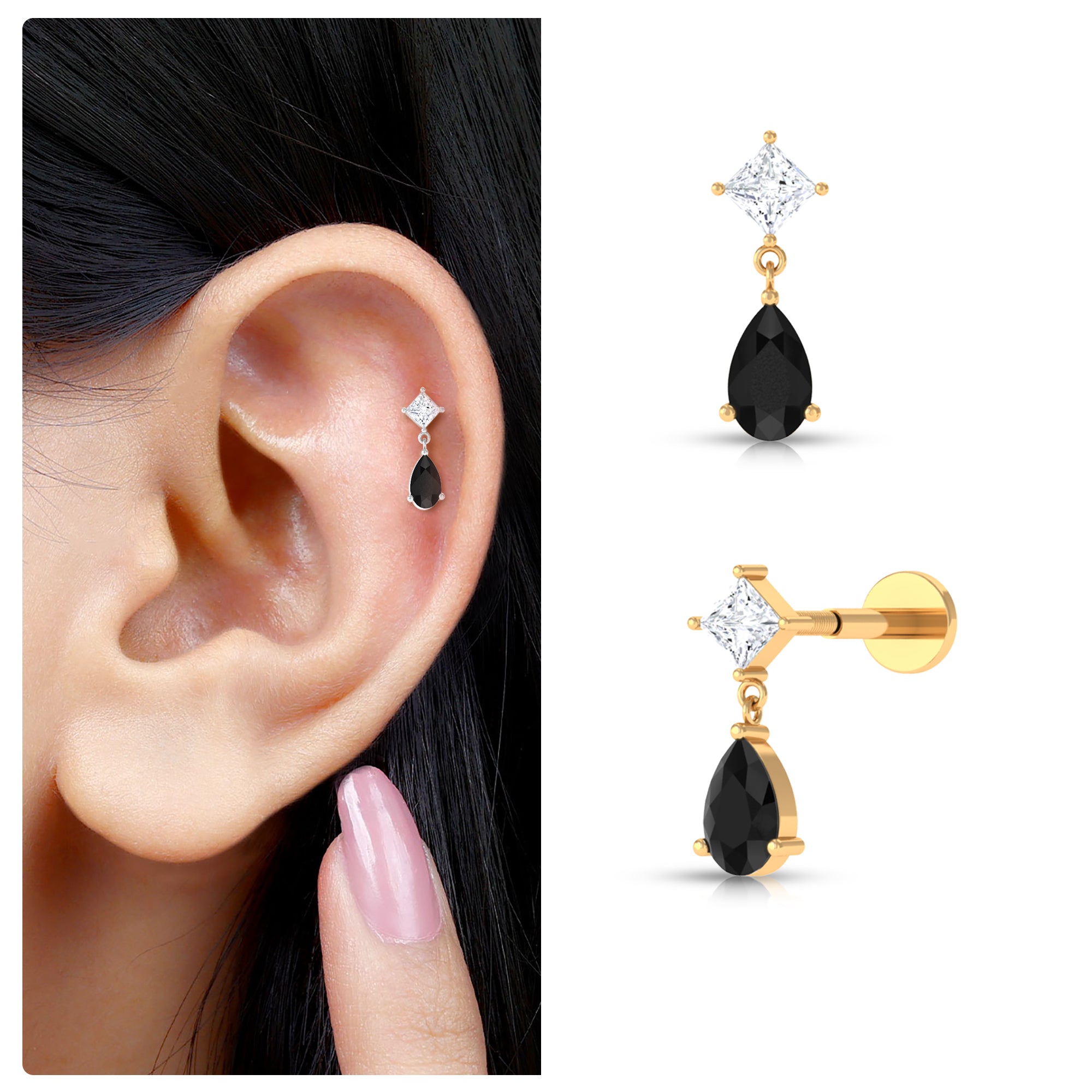 Pear Shape Black Onyx and Diamond Dangling Helix Earring AAA - Rosec Jewels