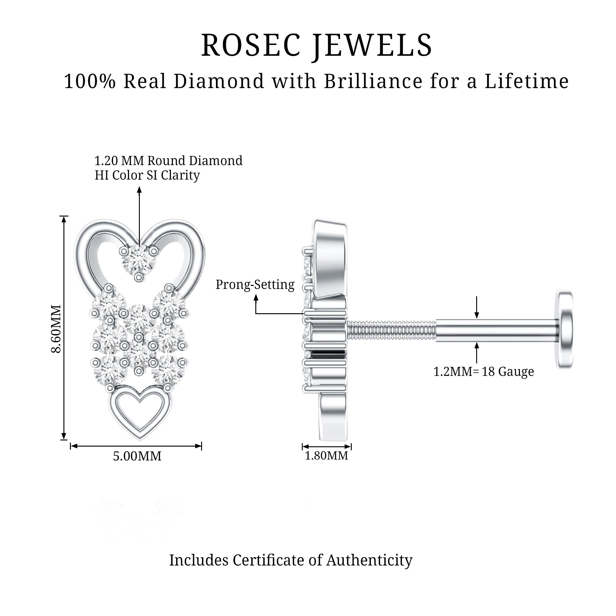 Diamond Heart Cartilage Earring Natural - ( HI-SI ) - Rosec Jewels