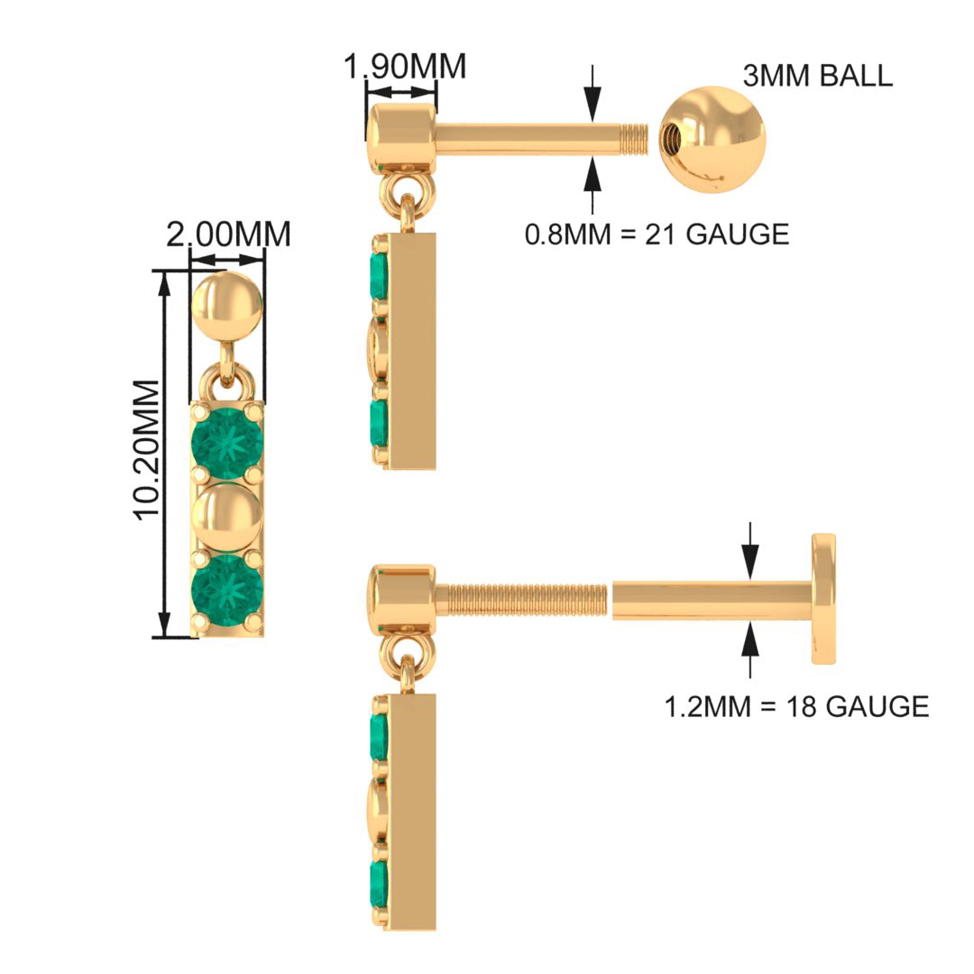 Rosec Jewels-Simple Emerald Bar Drop Earring for Cartilage Piercing