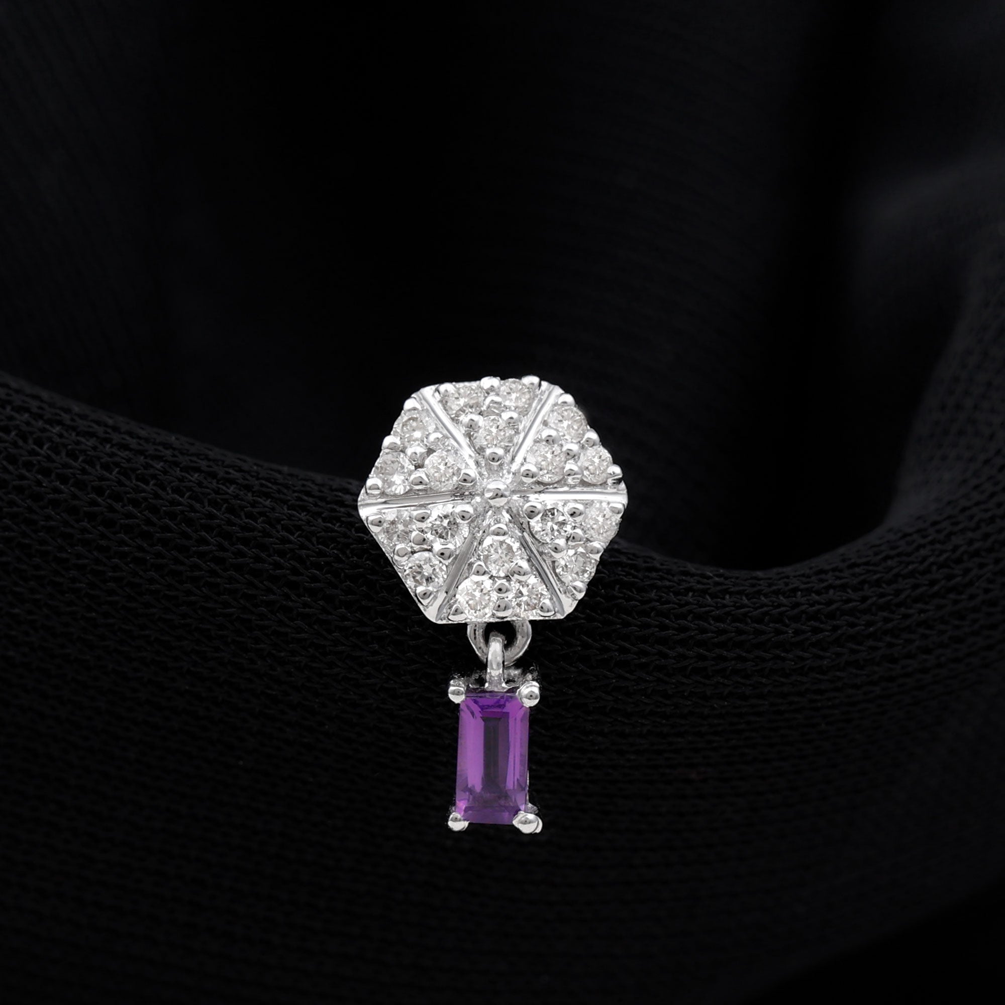 Baguette Amethyst Cartilage Drop Earring with Diamond AAA - Rosec Jewels