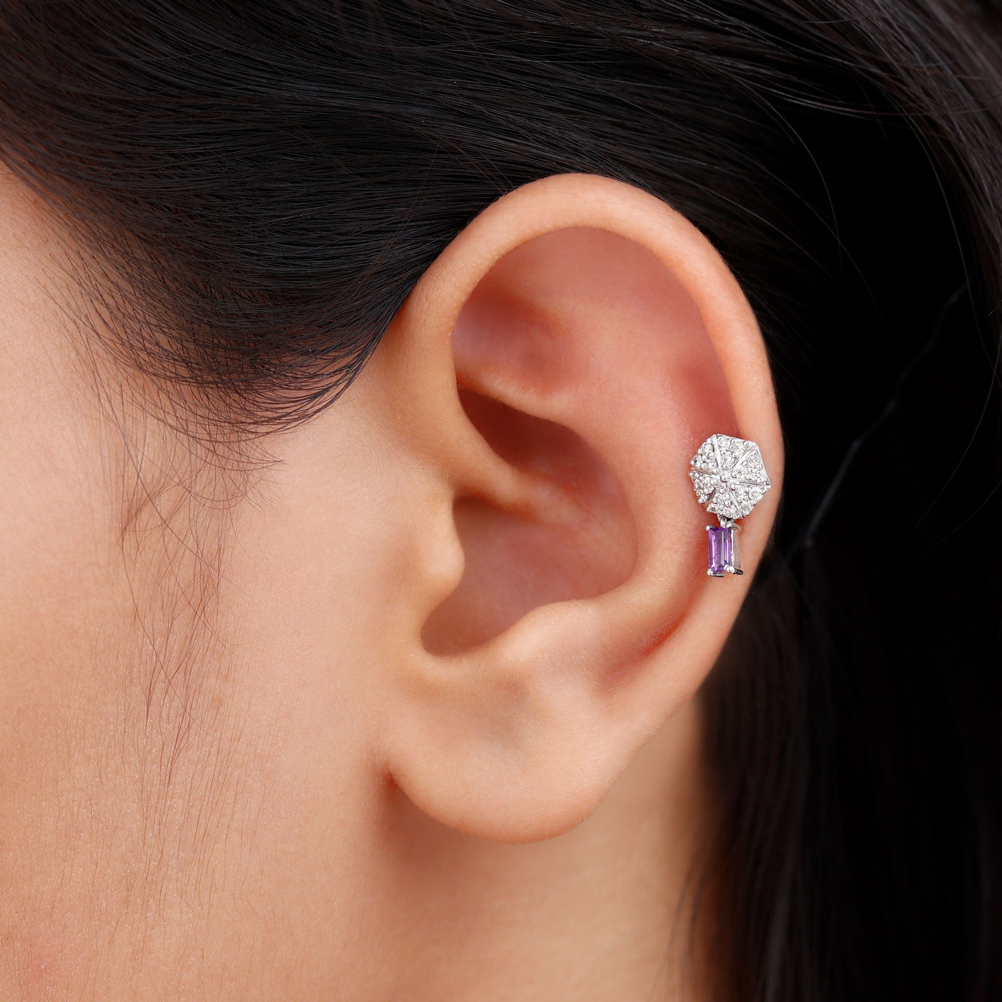 Baguette Amethyst Cartilage Drop Earring with Diamond AAA - Rosec Jewels