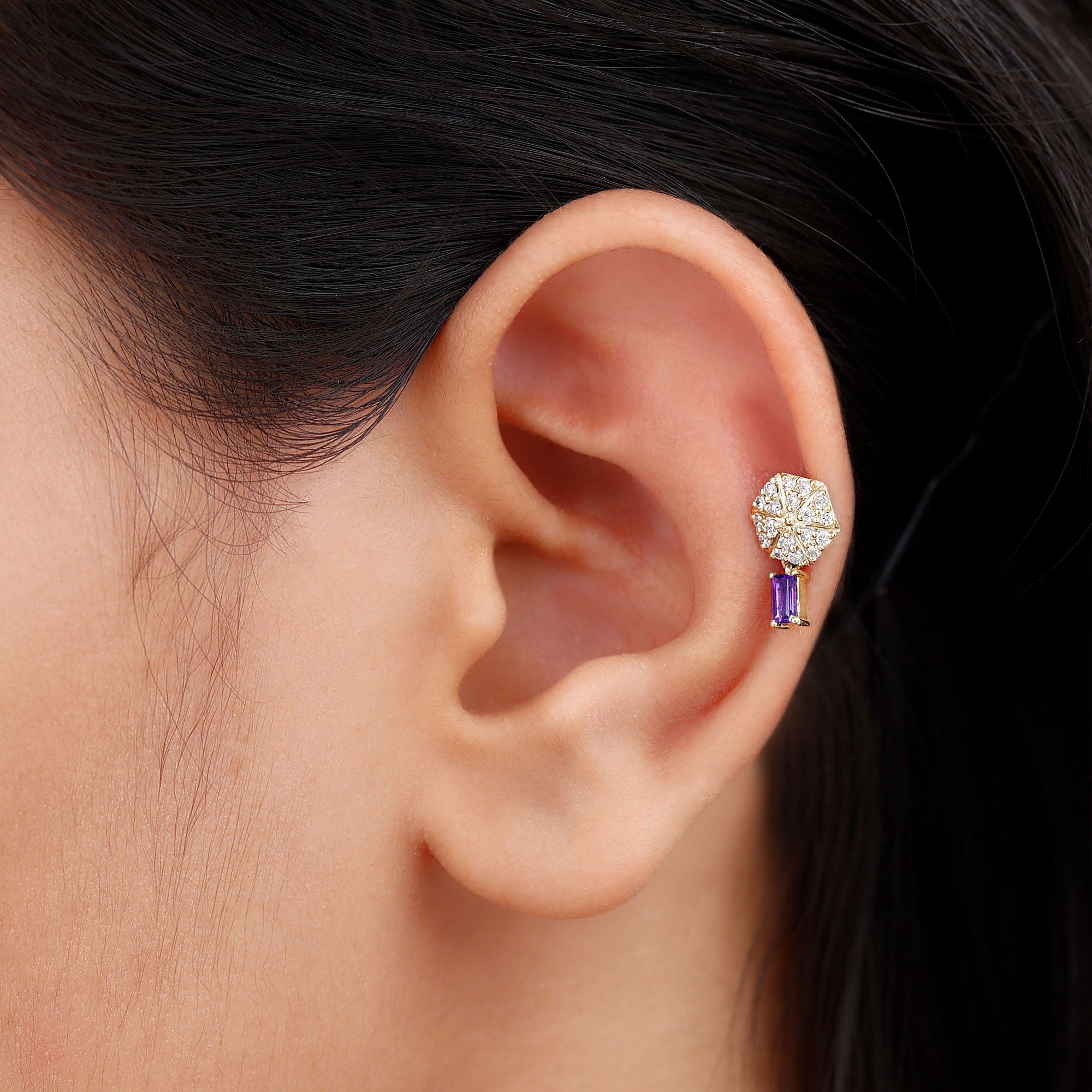 Baguette Amethyst Cartilage Drop Earring with Diamond AAA - Rosec Jewels