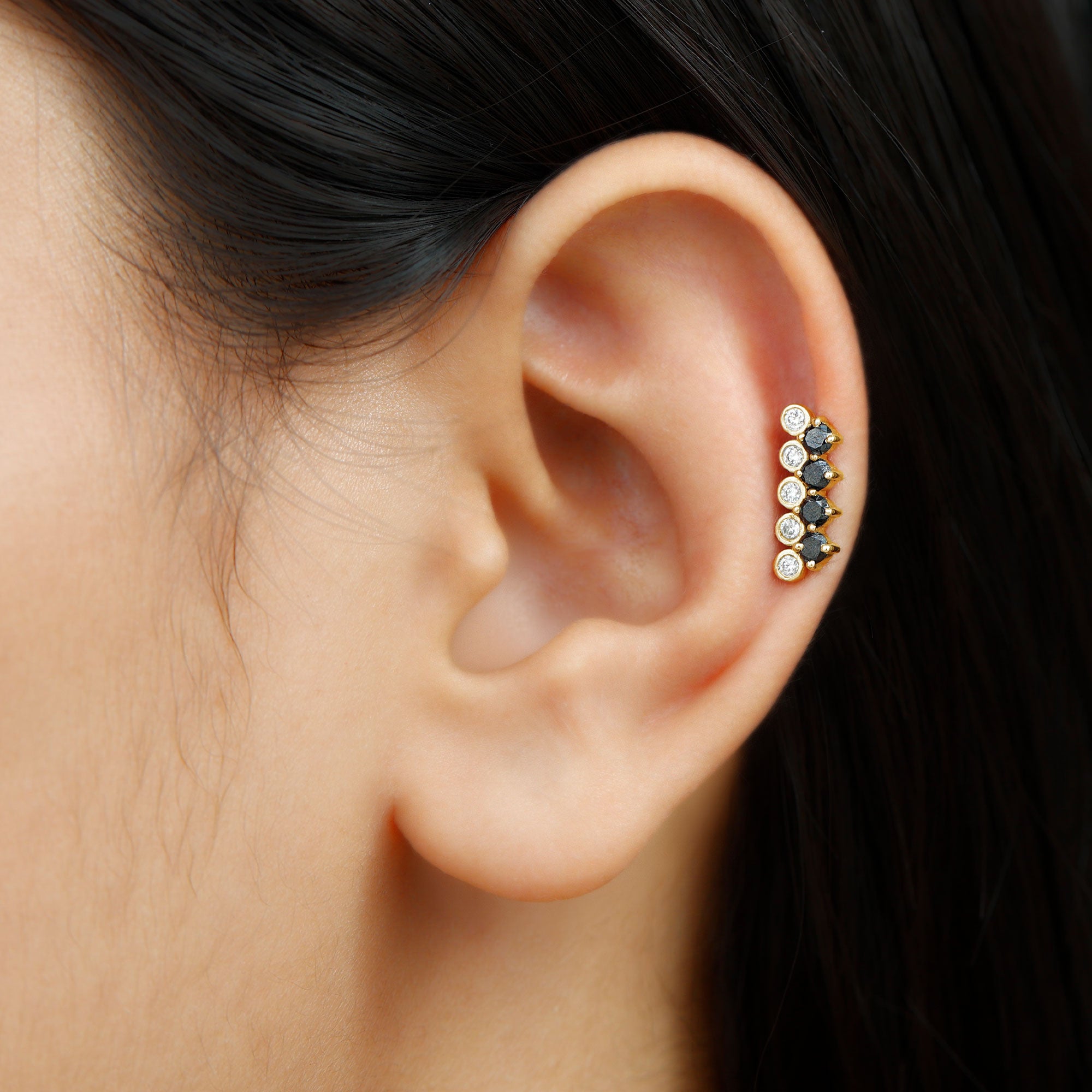 Minimal Black Onyx and Diamond Bar Cartilage Earring AAA - Rosec Jewels