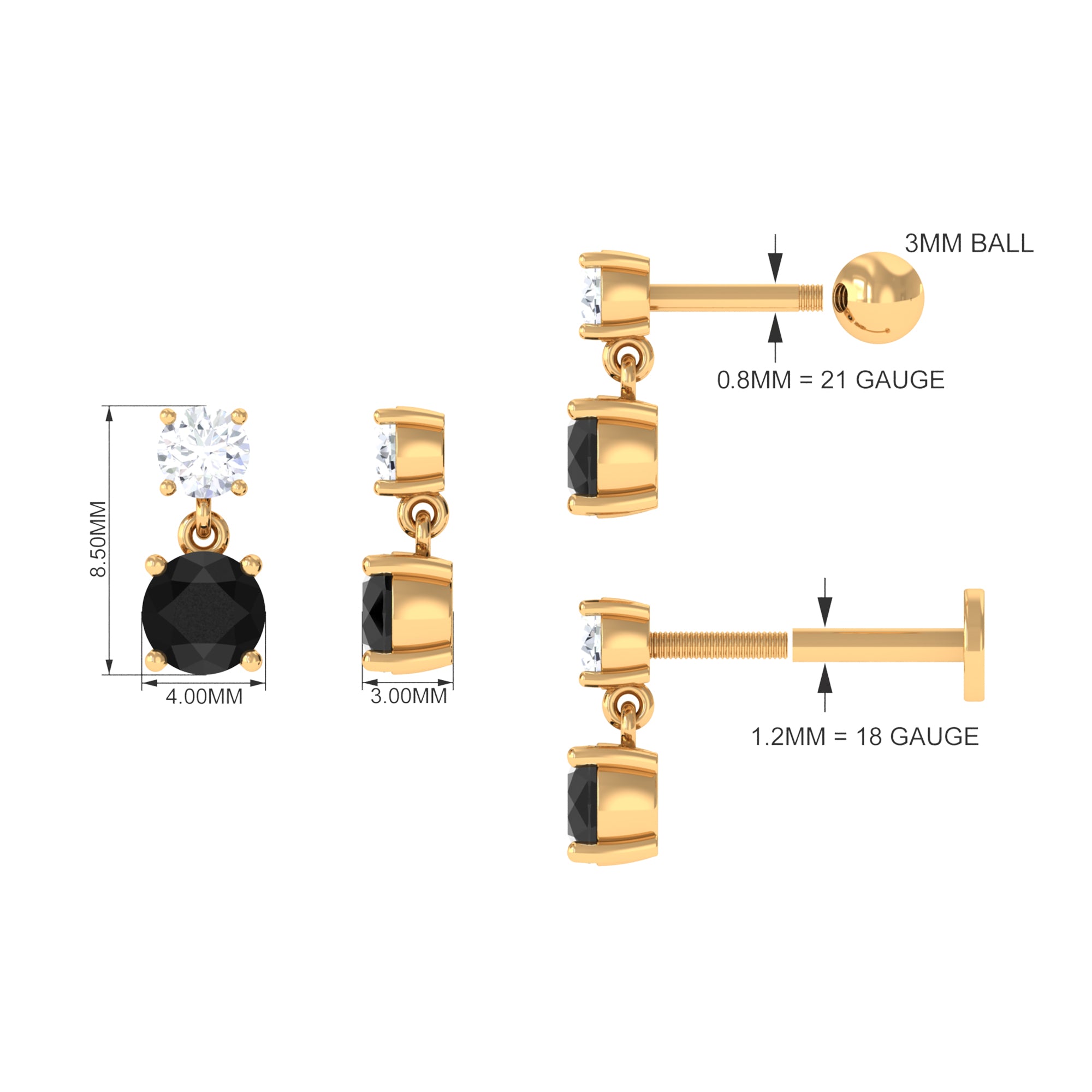 Round Black Onyx and Diamond Helix Drop Earring AAA - Rosec Jewels