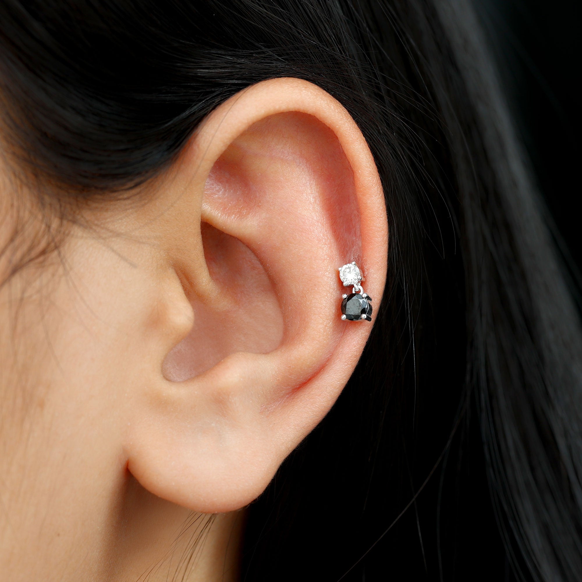 Round Black Onyx and Diamond Helix Drop Earring AAA - Rosec Jewels