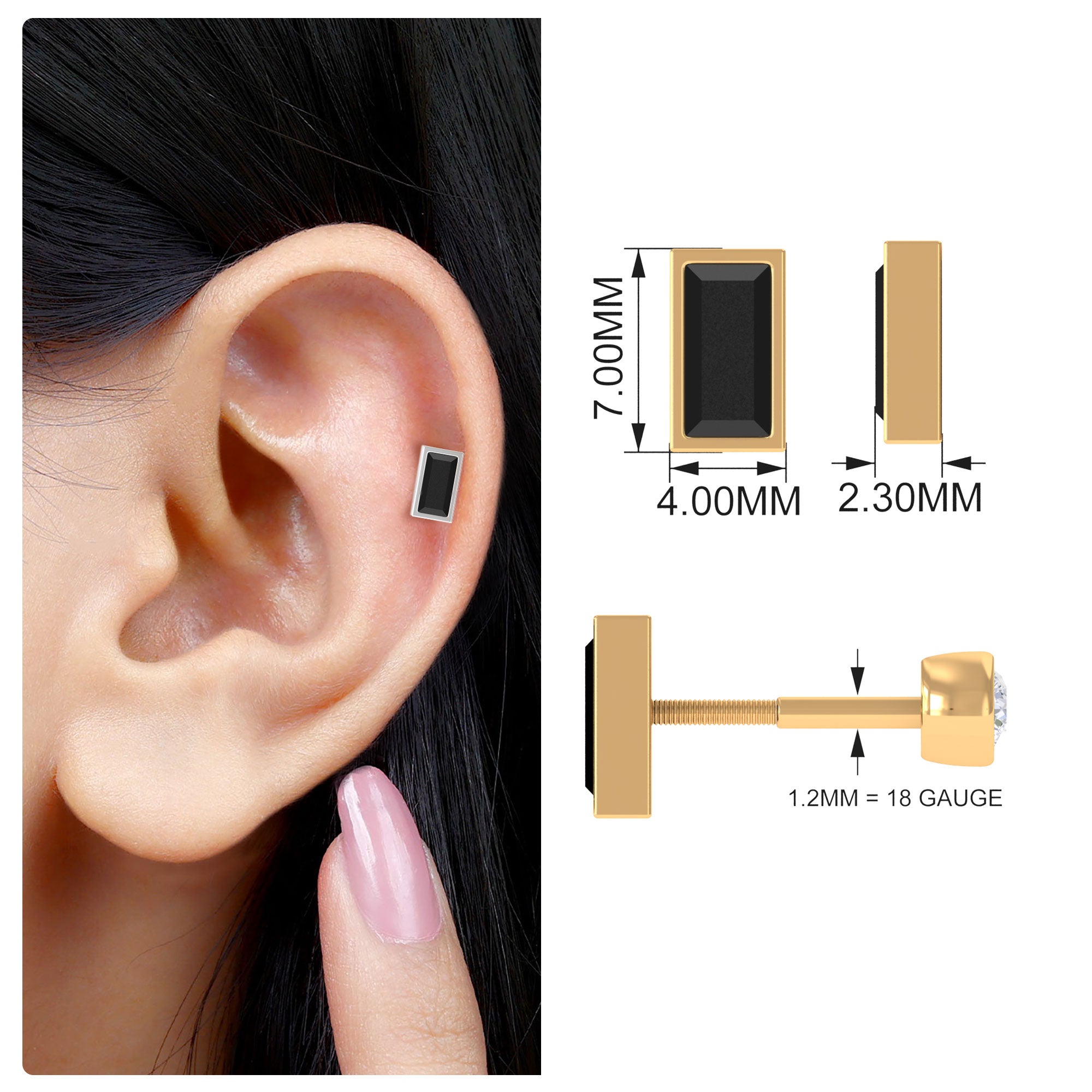 Baguette Cut Black Onyx Helix Earring in Bezel Setting AAA - Rosec Jewels