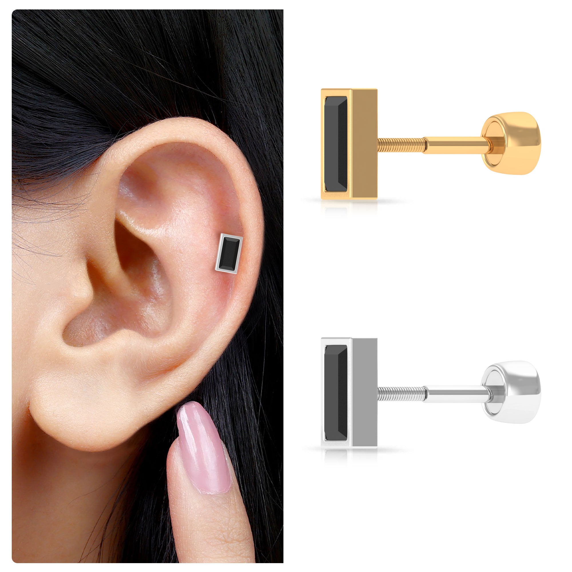 Baguette Cut Black Onyx Helix Earring in Bezel Setting AAA - Rosec Jewels