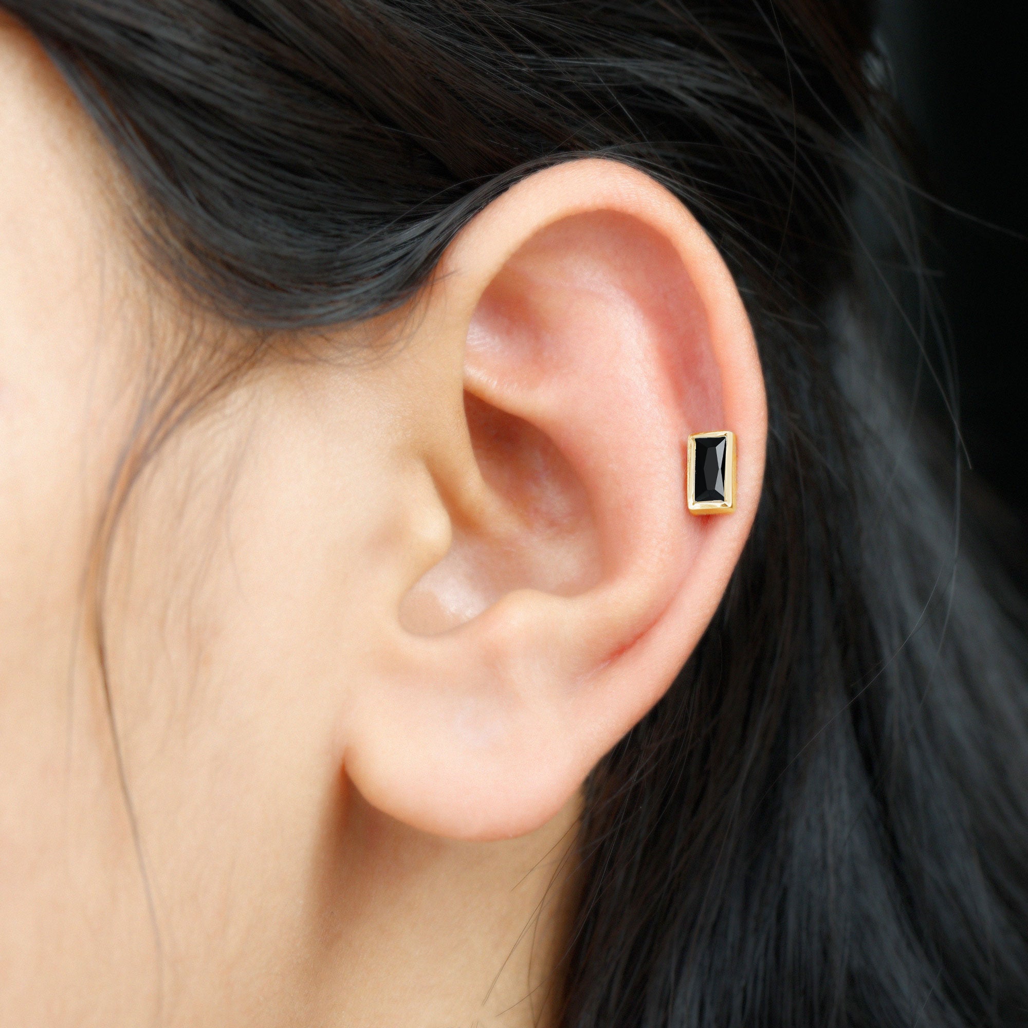 Baguette Cut Black Onyx Helix Earring in Bezel Setting AAA - Rosec Jewels