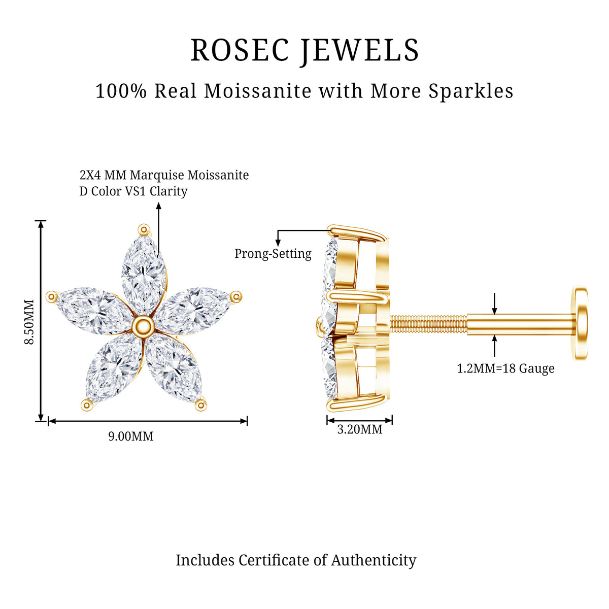 Marquise Cut Moissanite Floral Earring for Cartilage Piercing D-VS1 - Rosec Jewels