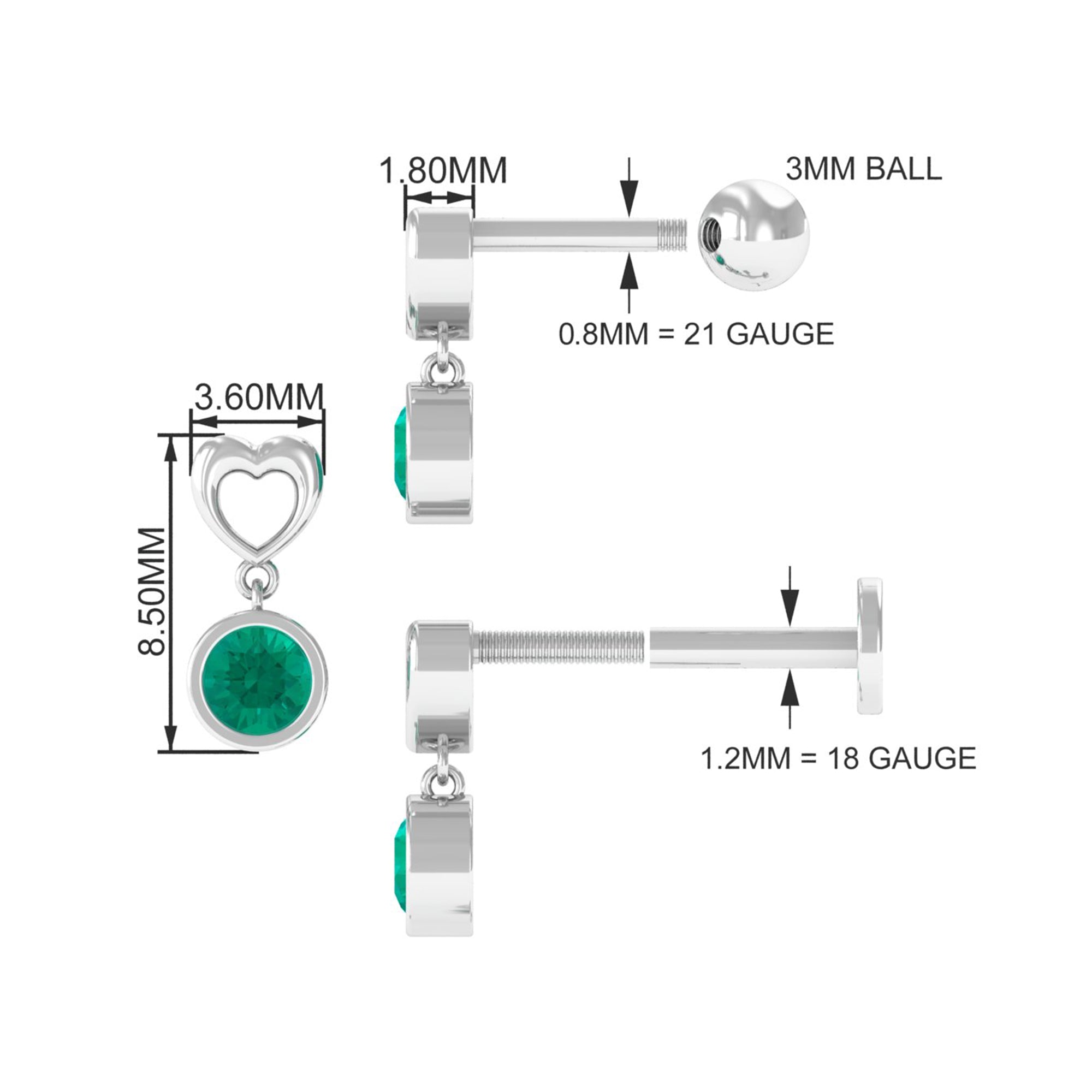 Rosec Jewels-Emerald Heart Drop Earring for Tragus Piercing