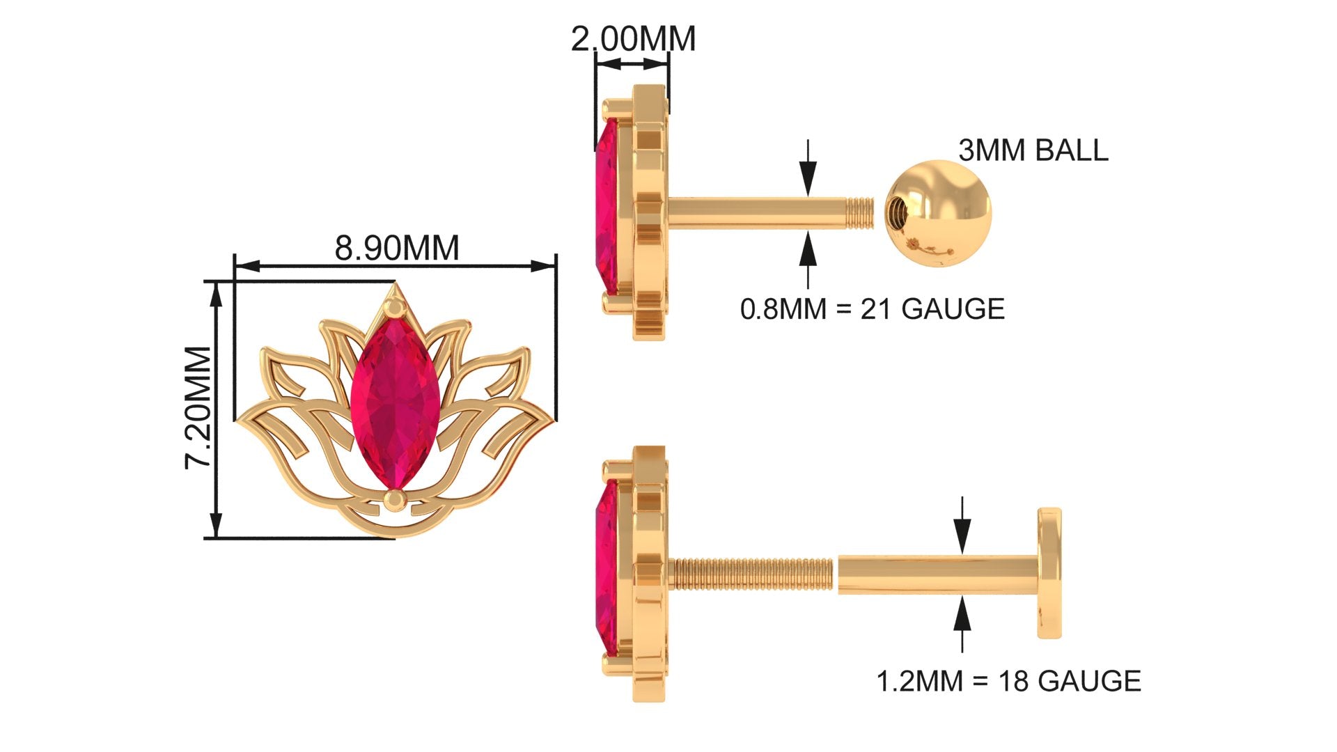 Rosec Jewels-Marquise Ruby Lotus Earring for Helix Piercing