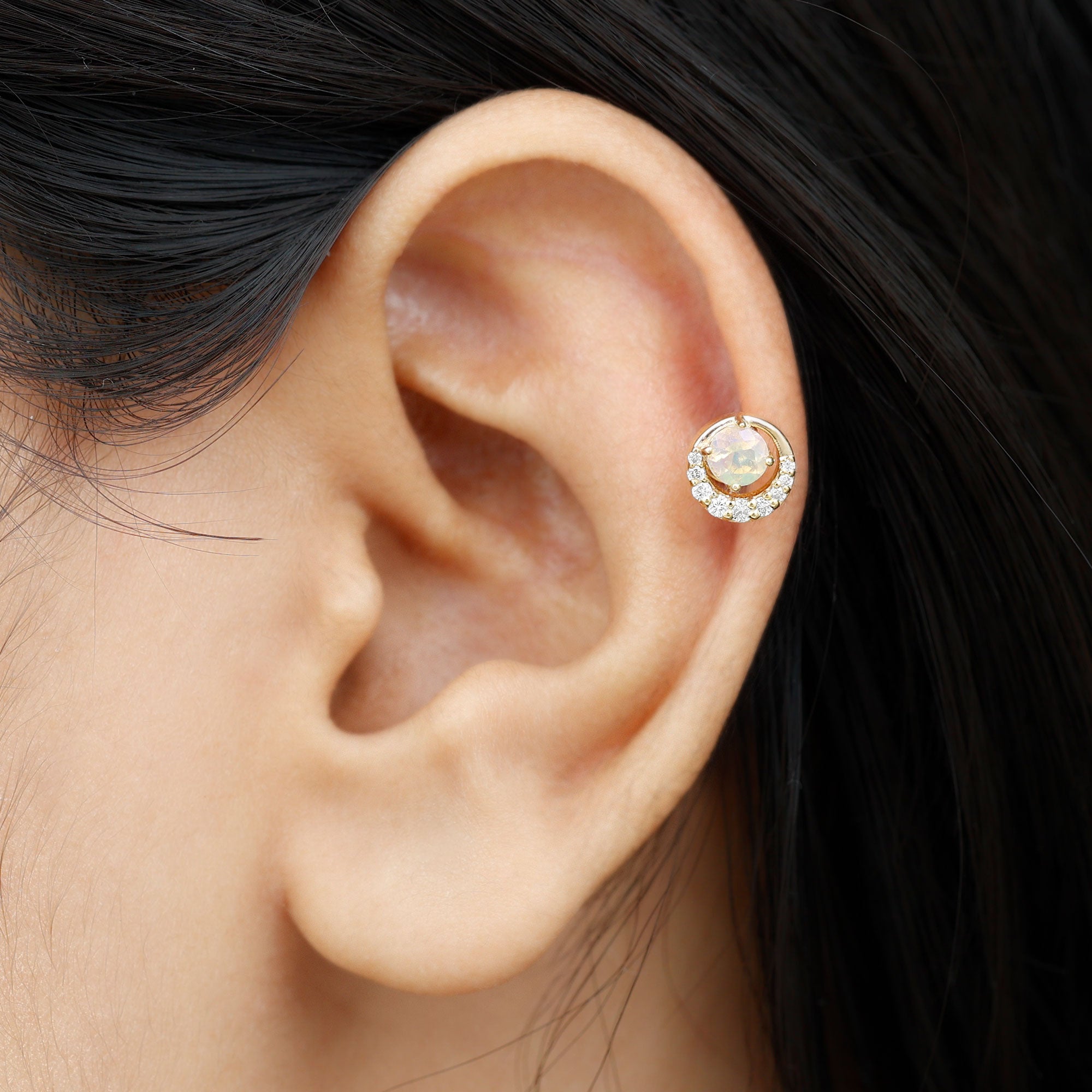 Ethiopian Opal and Diamond Circle Cartilage Earring AAA - Rosec Jewels