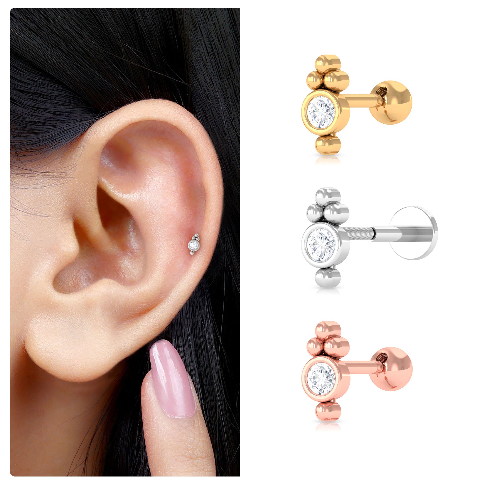 Dainty Diamond Beaded Conch Earring Natural - ( HI-SI ) - Rosec Jewels
