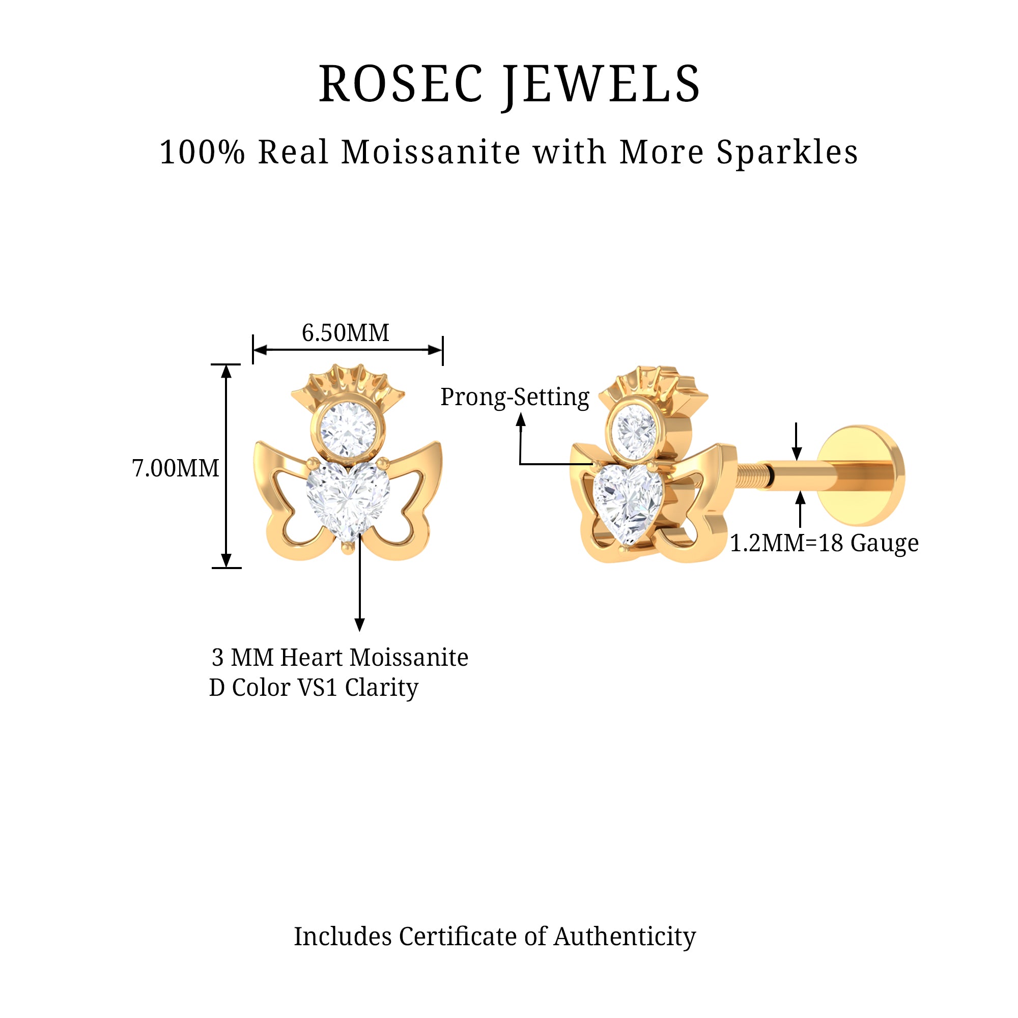 Heart Shape Moissanite Angel Earring for Upper Lobe Piercing D-VS1 - Rosec Jewels