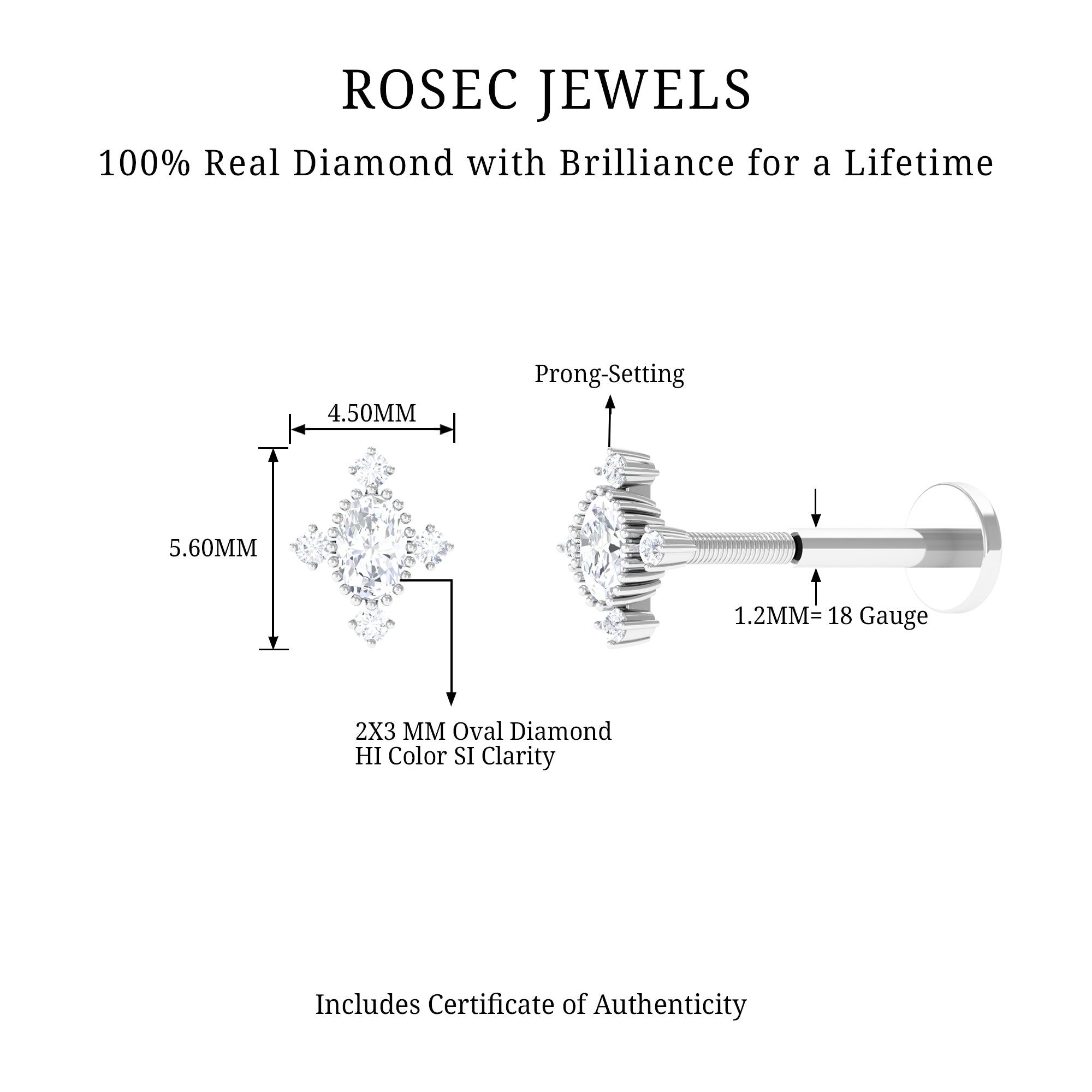 Vintage Inspired Oval Diamond Cartilage Earring Natural - ( HI-SI ) - Rosec Jewels