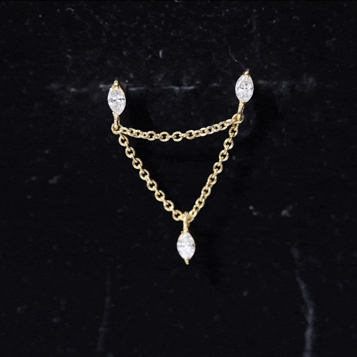 Marquise Diamond Double Piercing Earring with Dangling Chain Natural - ( HI-SI ) - Rosec Jewels