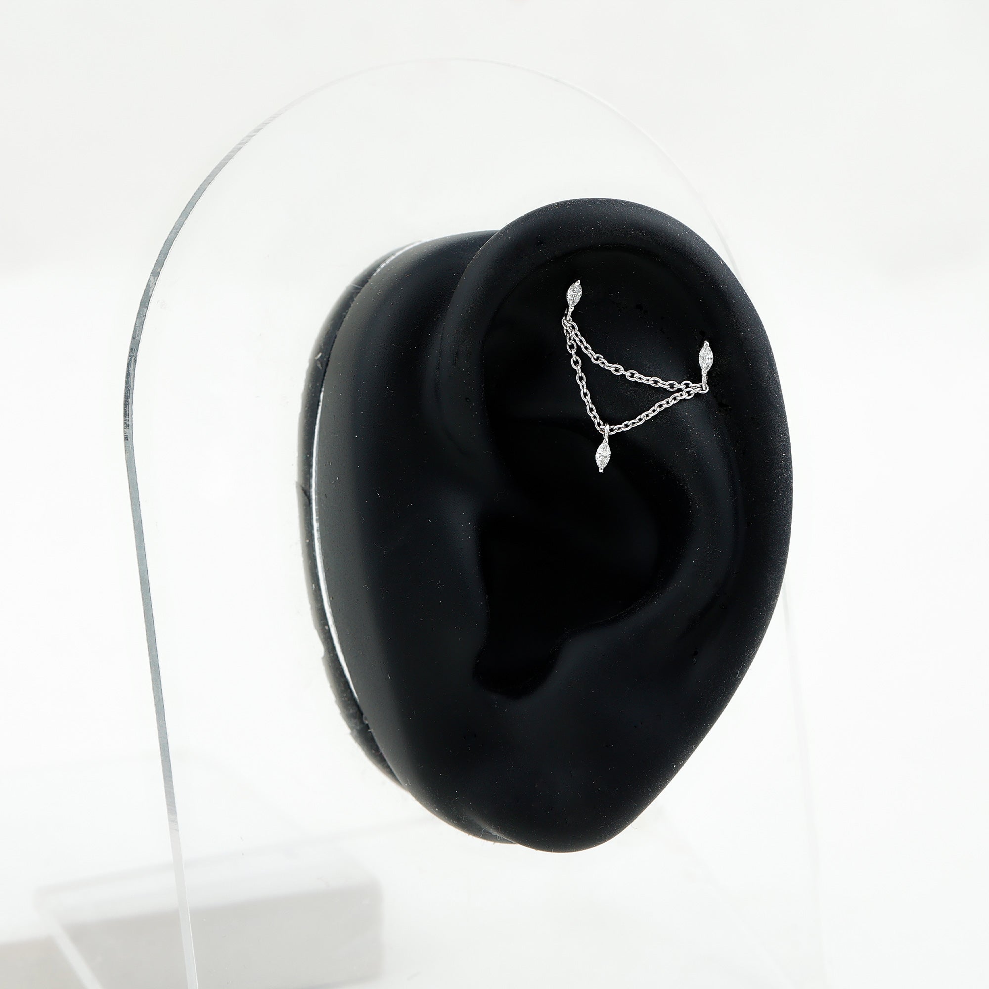 Marquise Diamond Double Piercing Earring with Dangling Chain Natural - ( HI-SI ) - Rosec Jewels