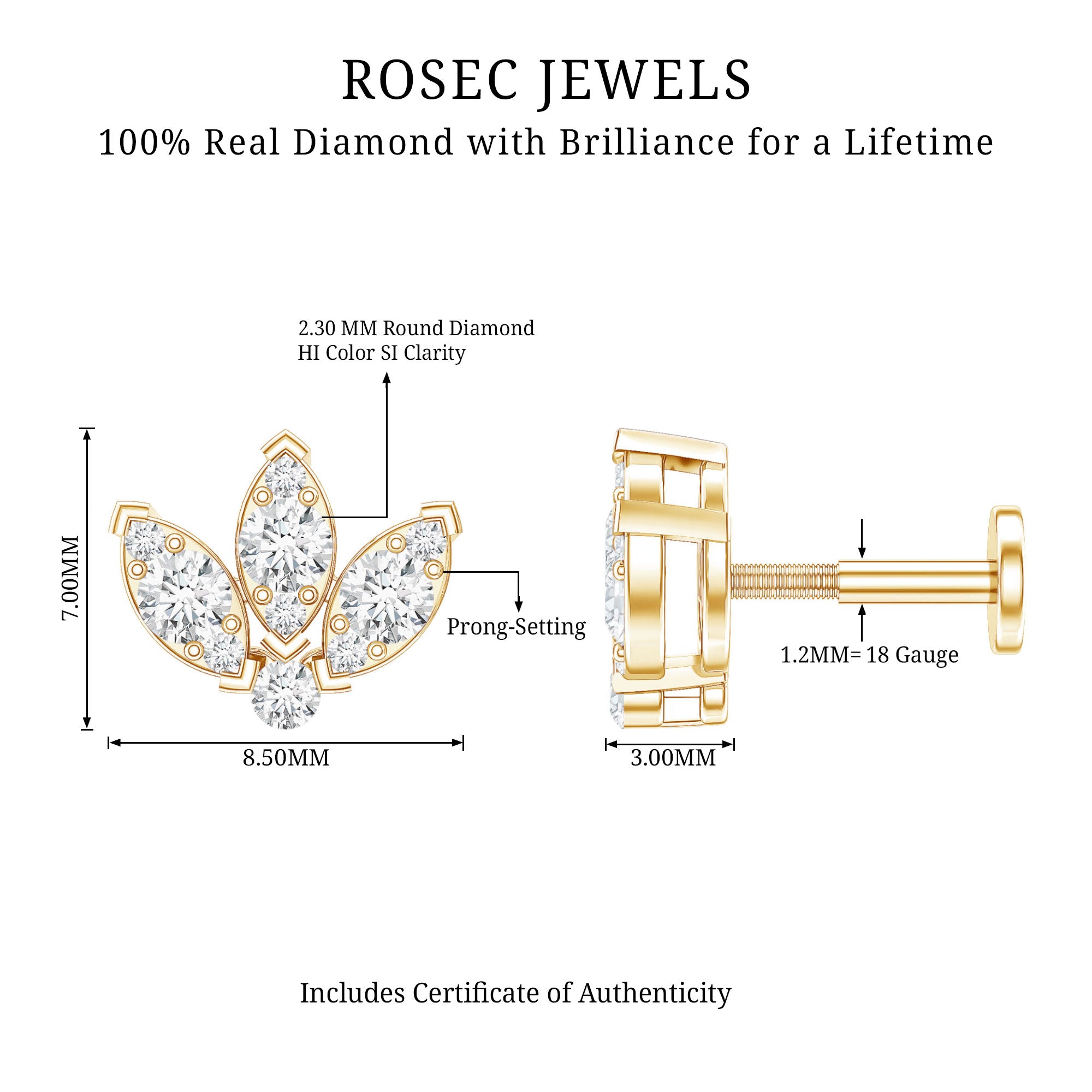 Certified Diamond Lotus Flower Earring with Flat Back Natural - ( HI-SI ) - Rosec Jewels