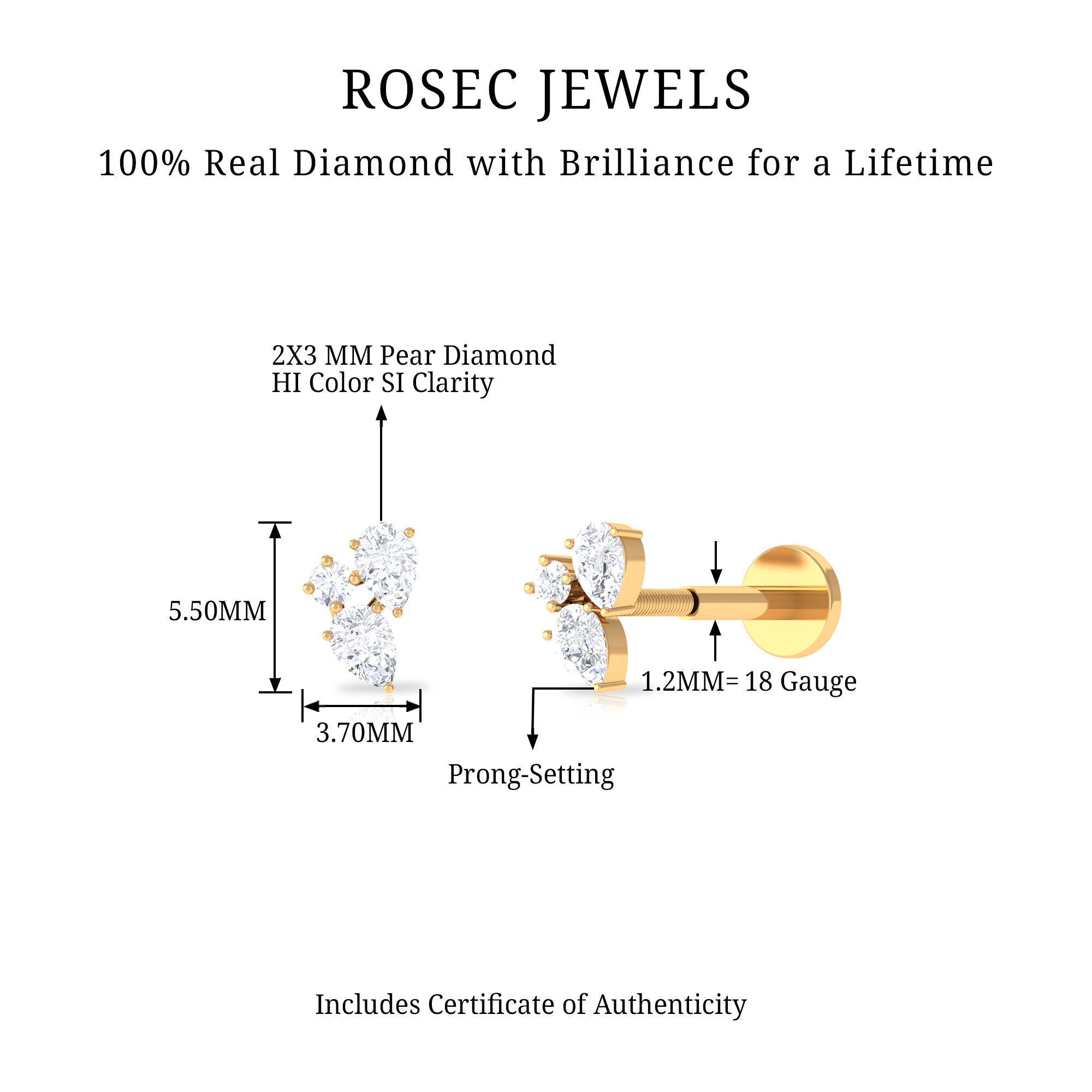 Natural Three Diamond Cluster Tragus Earring Natural - ( HI-SI ) - Rosec Jewels