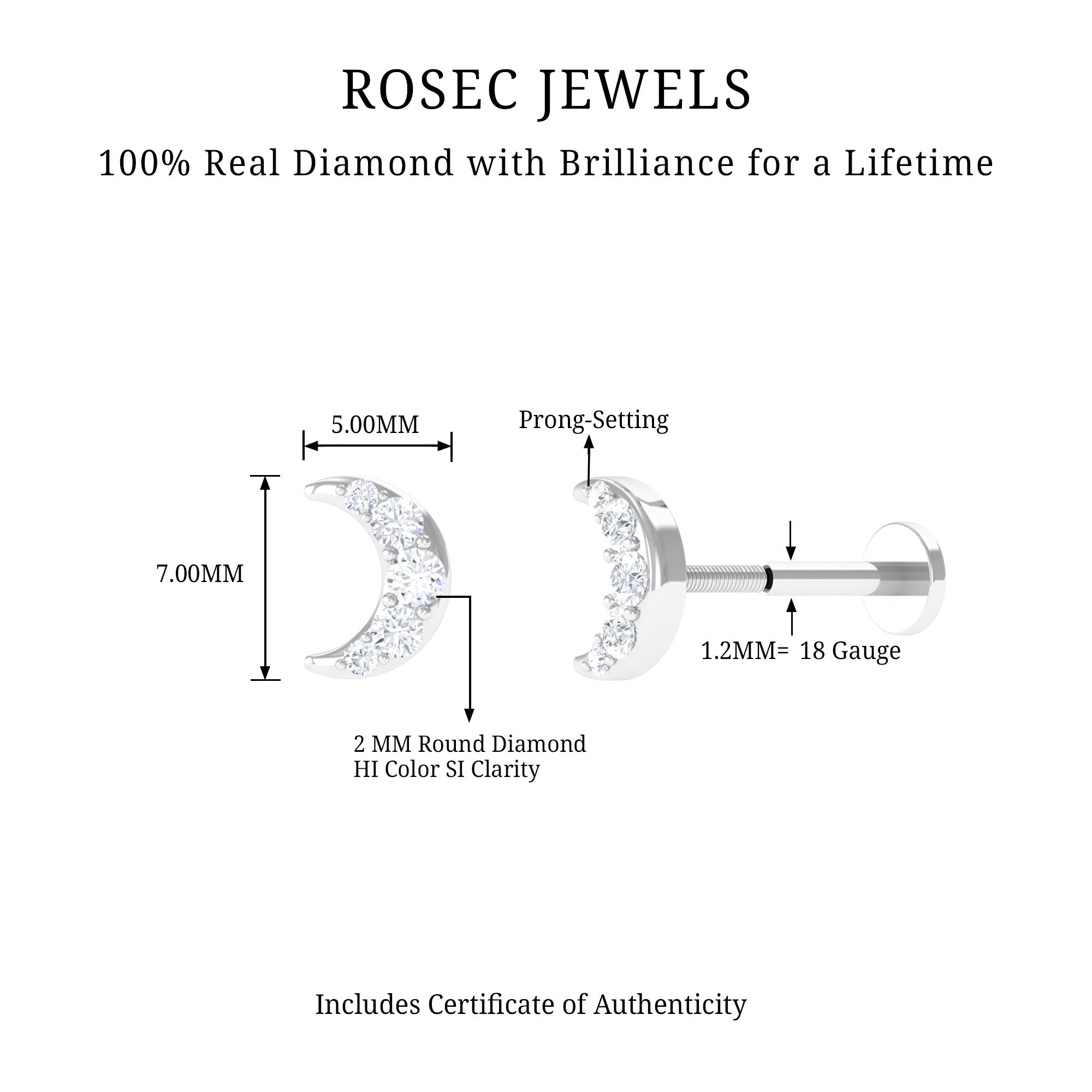 Rosec Jewels-Round Cut Diamond Crescent Moon Cartilage Earring