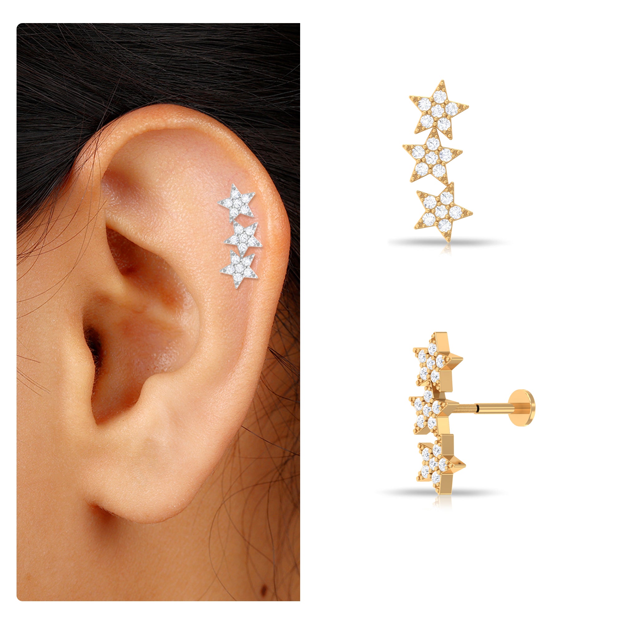 Diamond 3 Star Crawler Earring for Cartilage Piercing Lab - ( EF-VS ) - Rosec Jewels