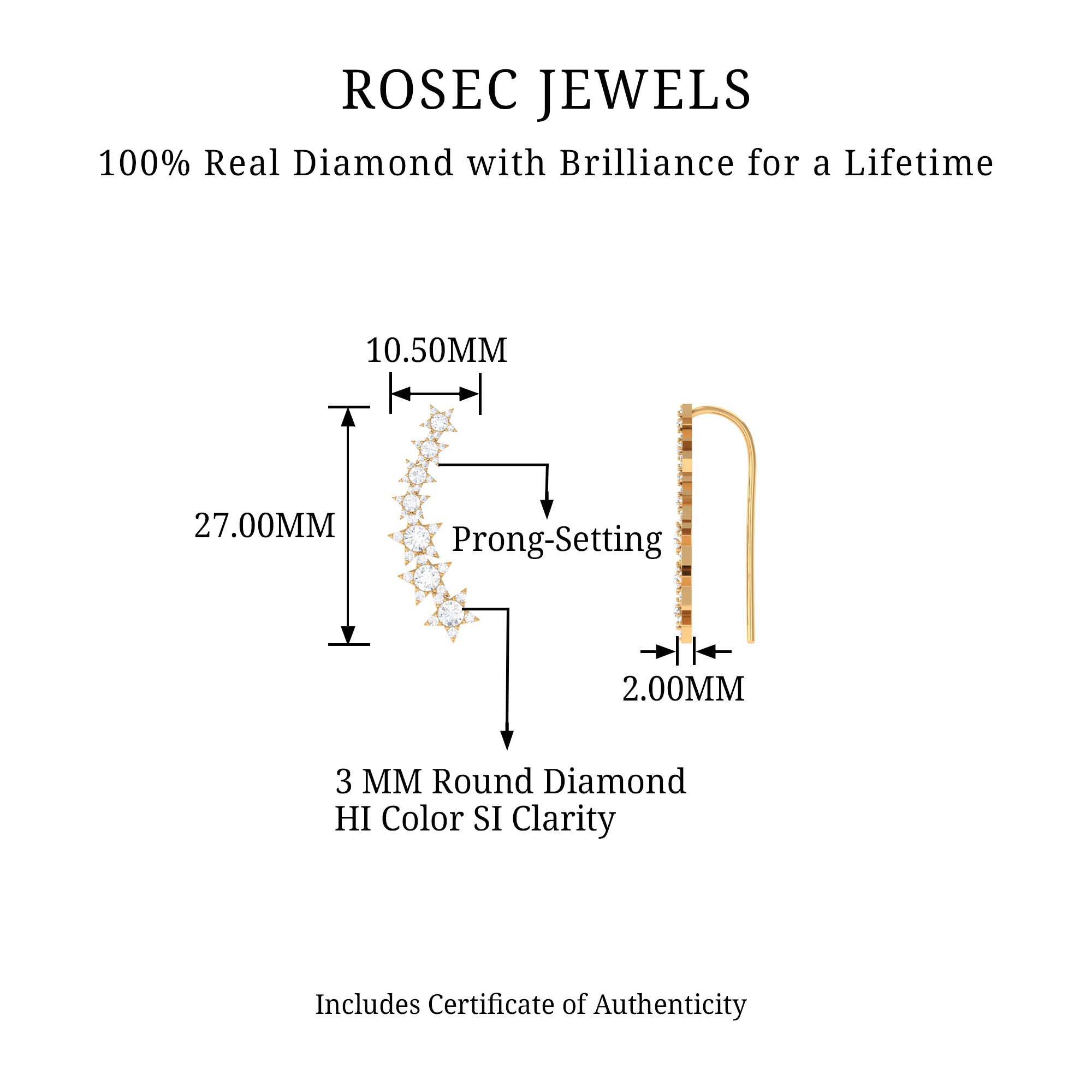 Certified Diamond Star Ear Cuff Earring for Helix Piercing Lab - ( EF-VS ) - Rosec Jewels