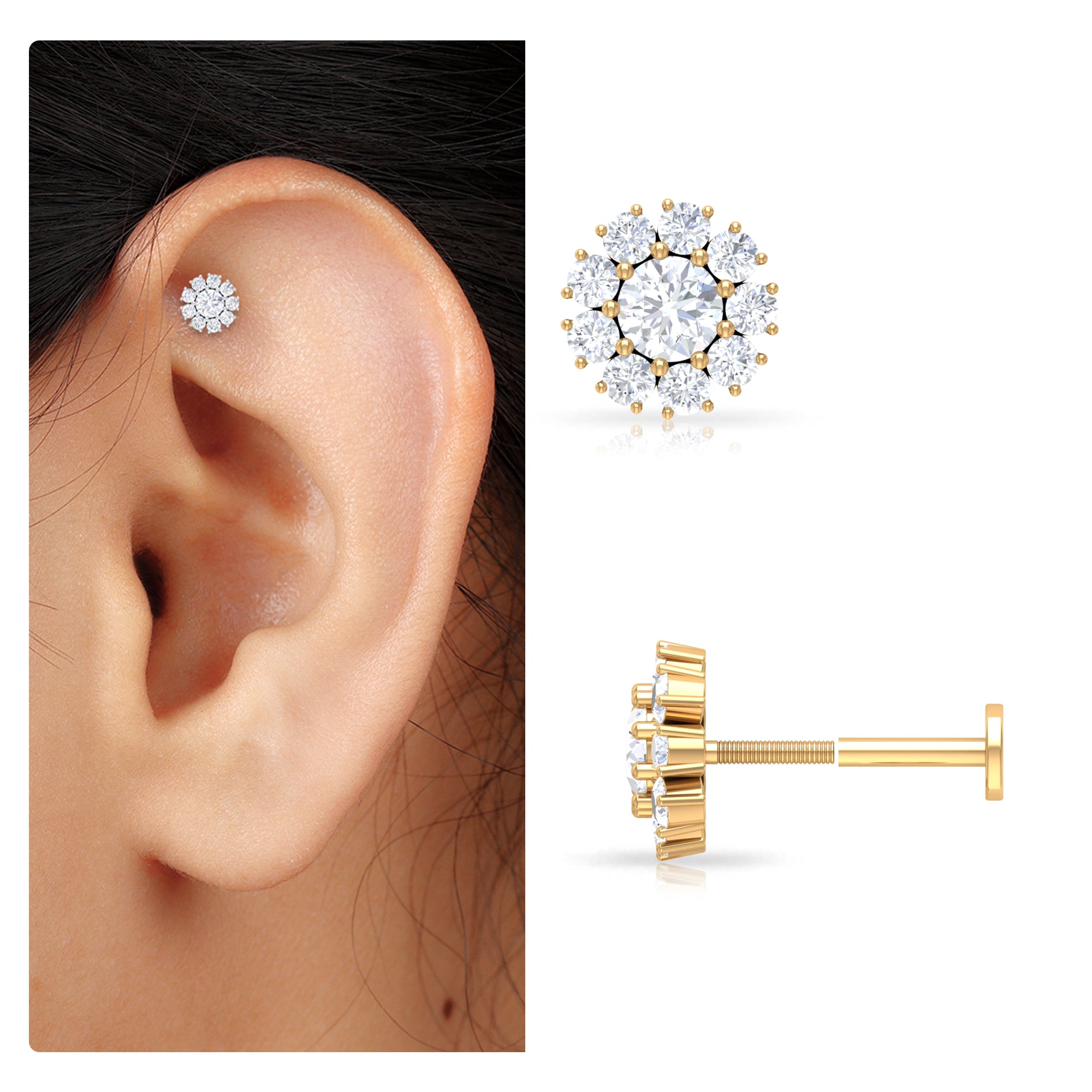 Rosec Jewels-Certified Diamond Cluster Stud Earring with Flat Back