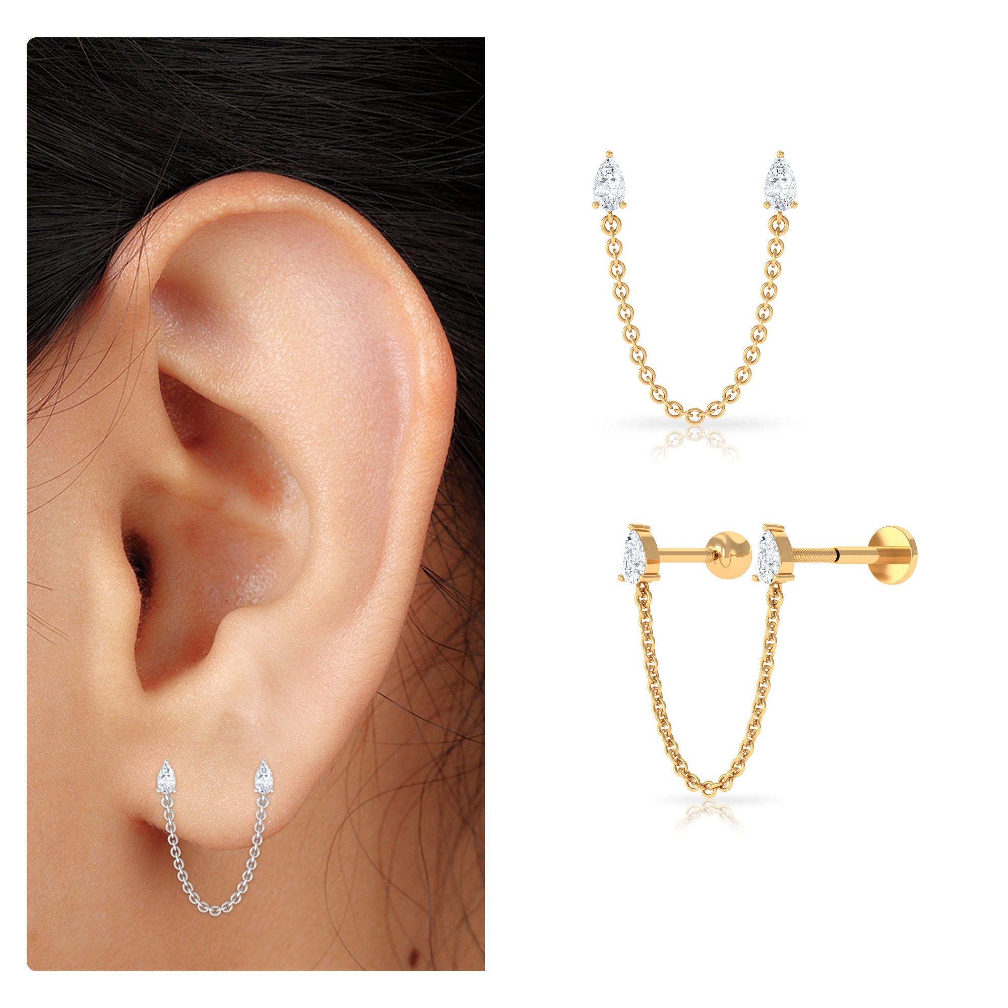 Pear Moissanite Double Piercing Earring with Dangling Chain D-VS1 - Rosec Jewels