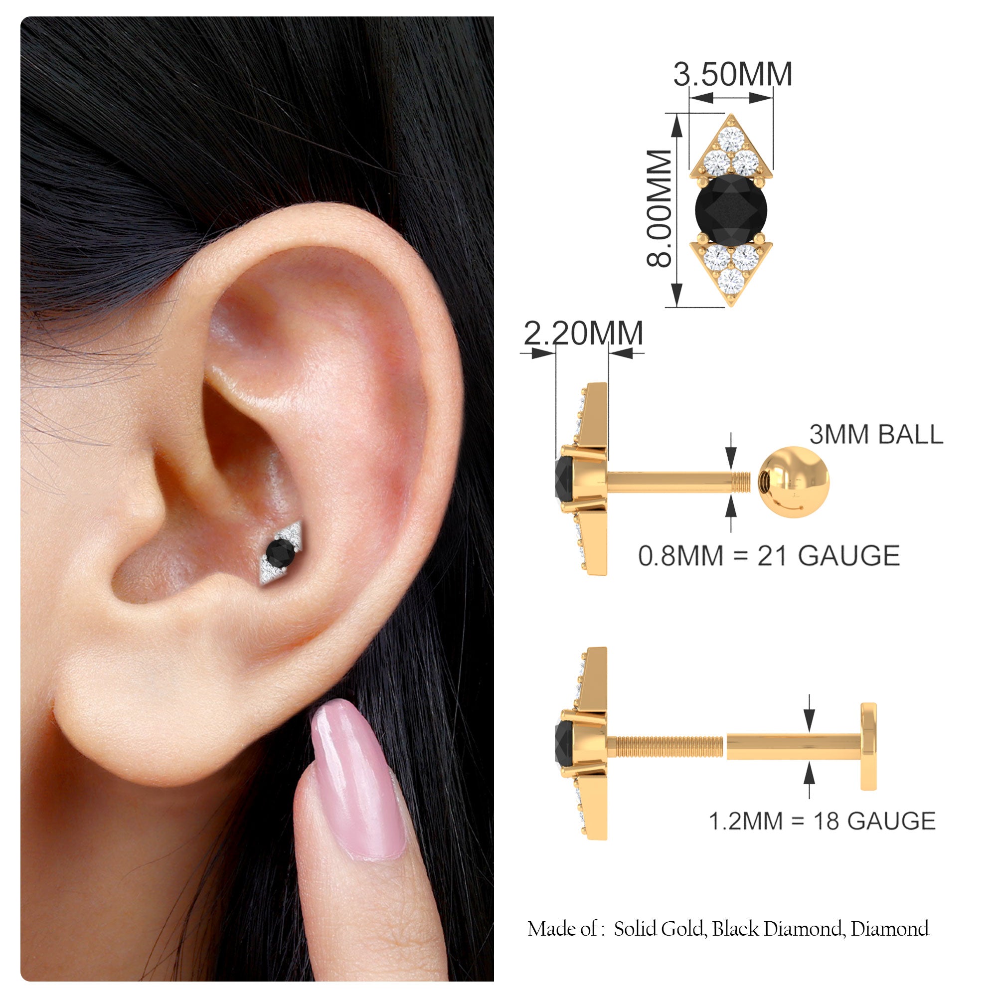 Dainty Black Onyx and Diamond Arrow Tragus Earring AAA - Rosec Jewels
