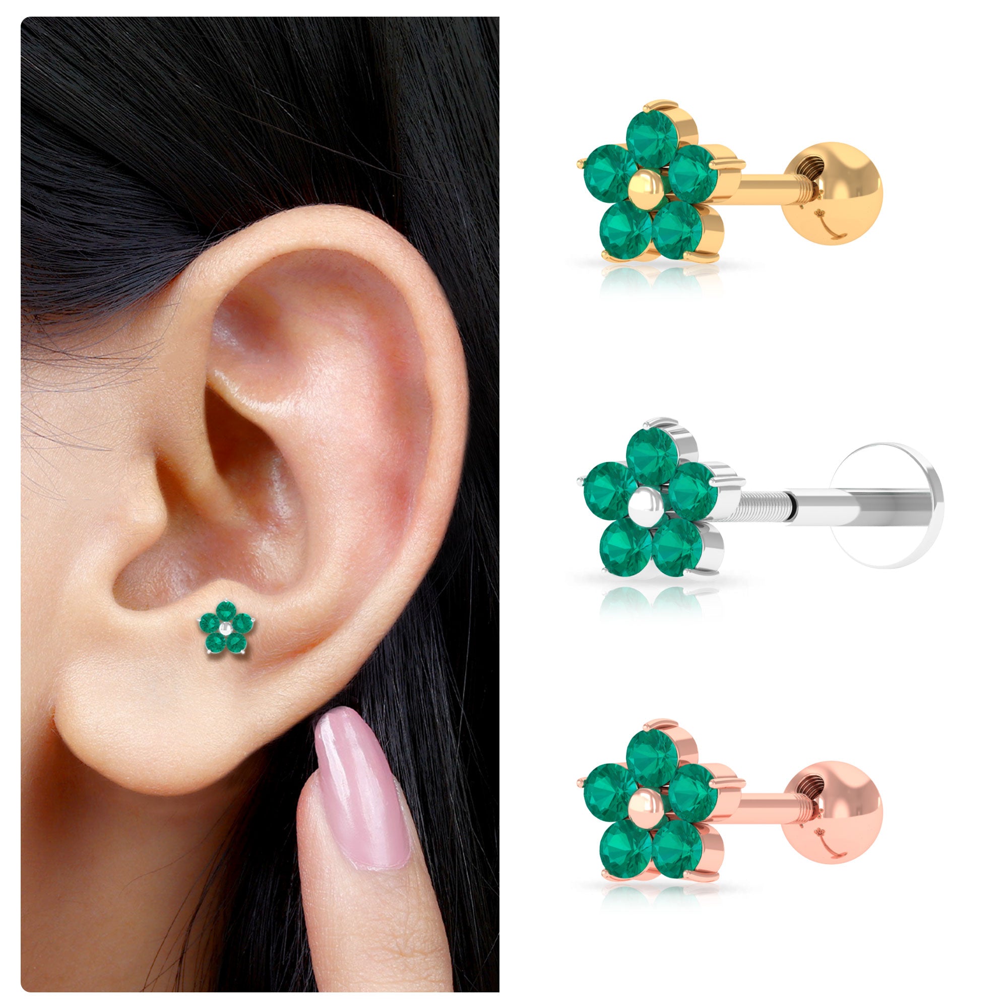 Natural Green Emerald Flower Conch Earring AAA - Rosec Jewels