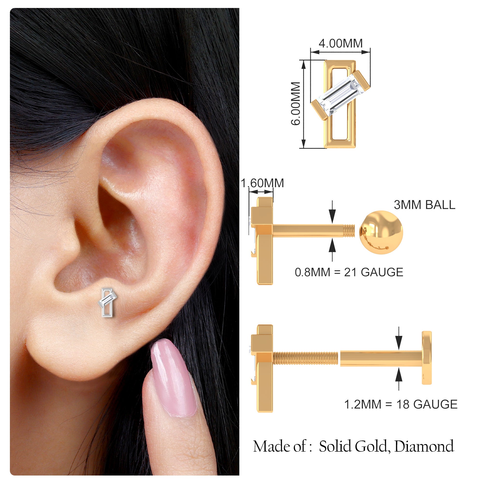 Baguette Diamond Minimal Tragus Earring in Bar Setting Natural - ( HI-SI ) - Rosec Jewels