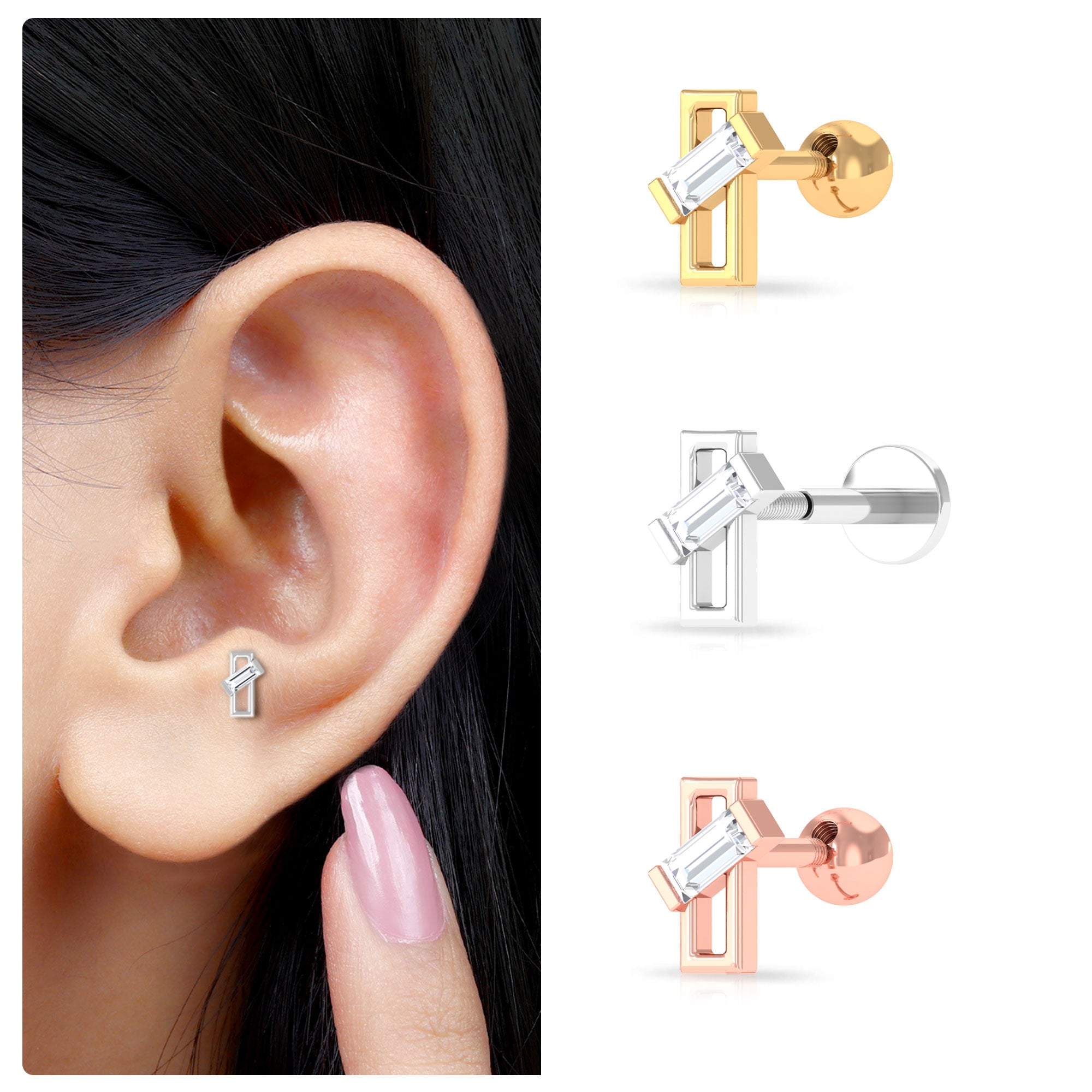 Baguette Diamond Minimal Tragus Earring in Bar Setting Natural - ( HI-SI ) - Rosec Jewels