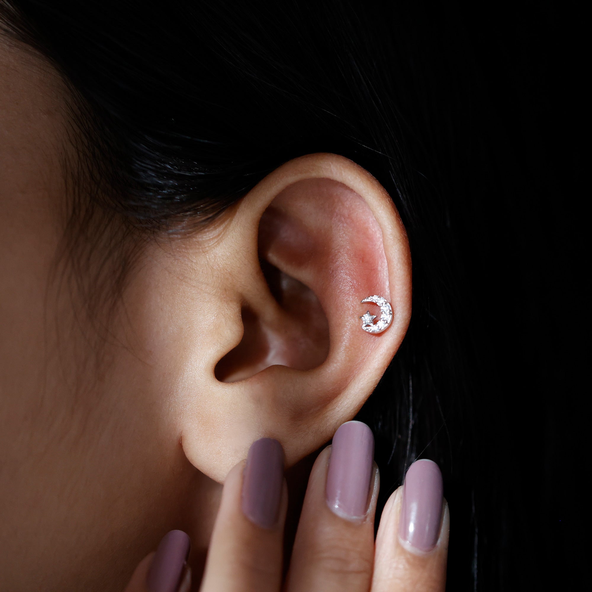 Certified Diamond Crescent Moon Helix Earring with Star Natural - ( HI-SI ) - Rosec Jewels