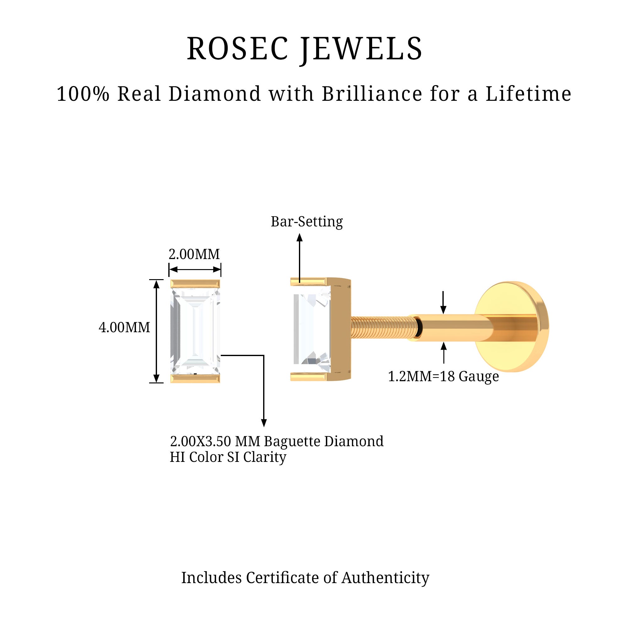 Solitaire Baguette Diamond Earring for Tragus Piercing Natural - ( HI-SI ) - Rosec Jewels