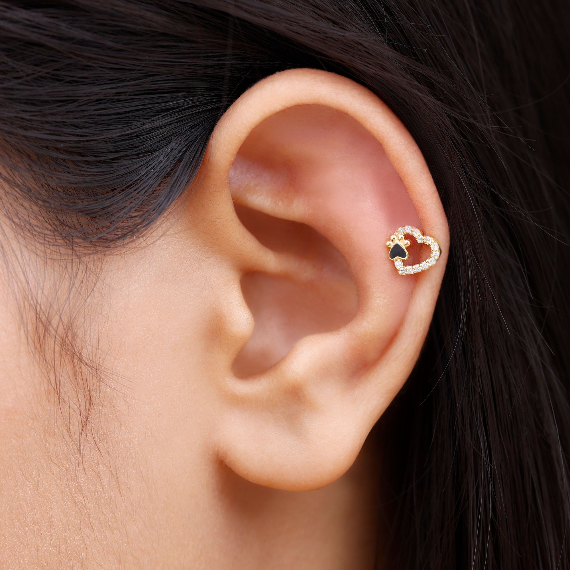 Sparkling Diamond Dog Paw Heart Earring with Black Enamel Natural - ( HI-SI ) - Rosec Jewels