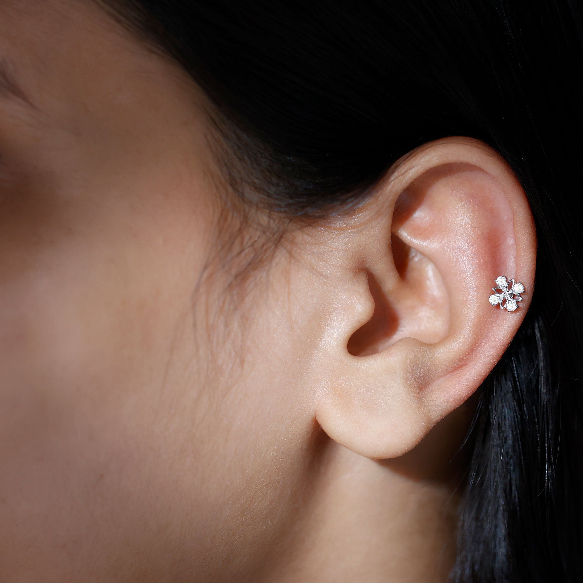 Nature Inspired Certified Diamond Flower Earring for Helix Piercing Natural - ( HI-SI ) - Rosec Jewels