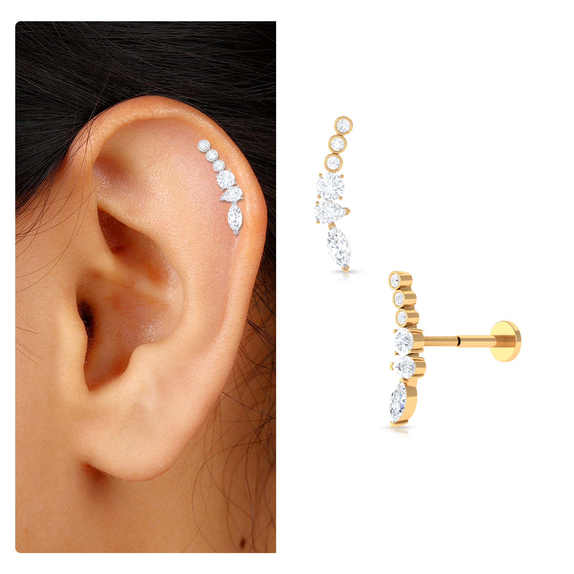 Genuine Diamond Crawler Earring for Cartilage Piercing Natural - ( HI-SI ) - Rosec Jewels