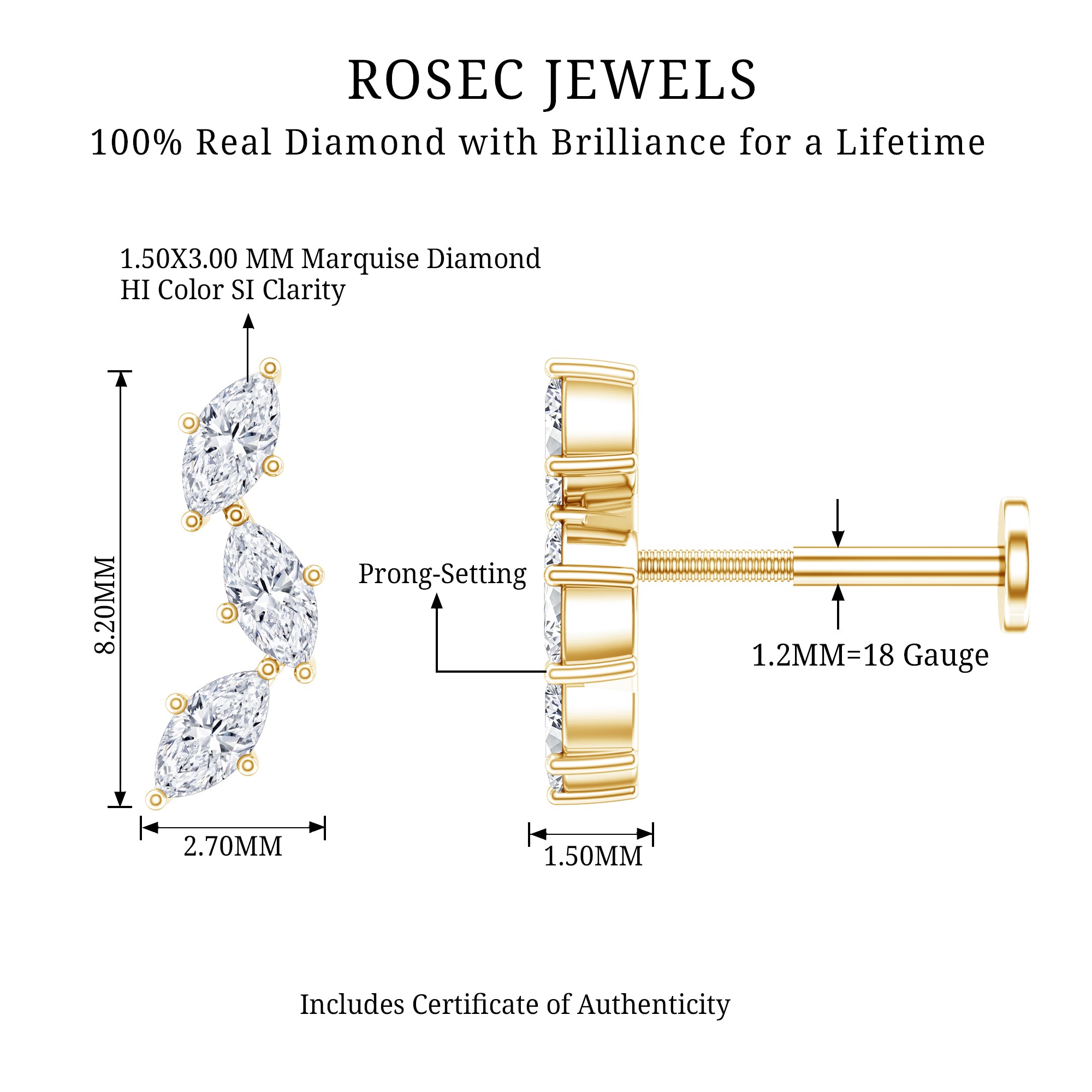 Classic Marquise Diamond Helix Earring Natural - ( HI-SI ) - Rosec Jewels