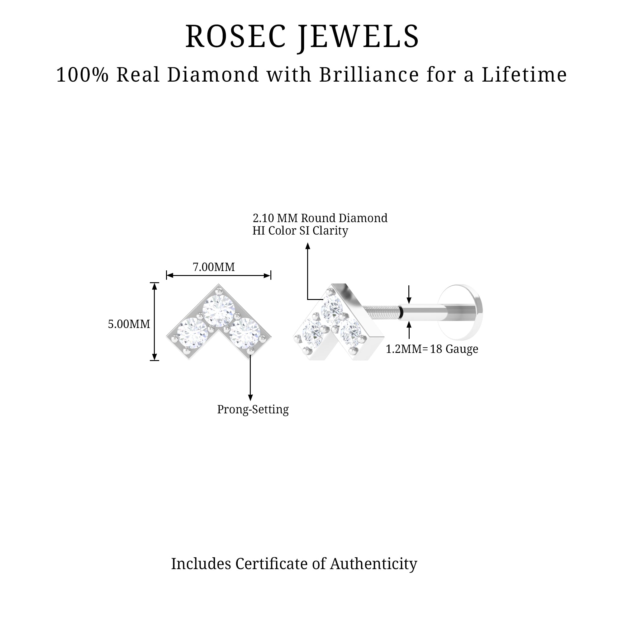 Certified Diamond Chevron V Earring for Tragus Piercing Natural - ( HI-SI ) - Rosec Jewels